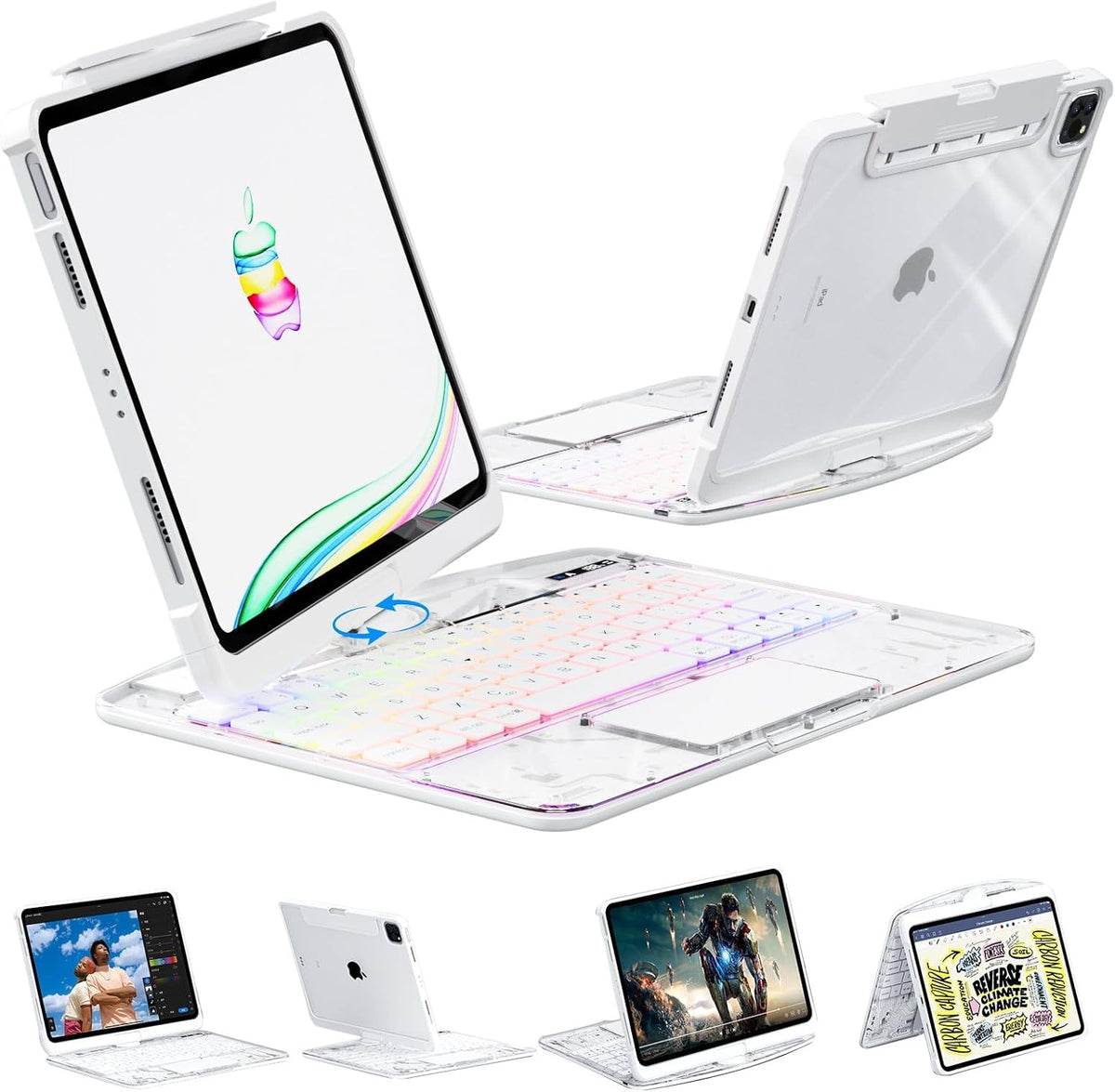 KARTICE Case with Wireless Keyboard Compatible with iPad Pro 11 2024 11 inch, Multi-Touch Trackpad, 7 Color Backlight, 360° Rotating Stand with Pencil Holder for iPad Pro 11, Excludes iPad and Pencil