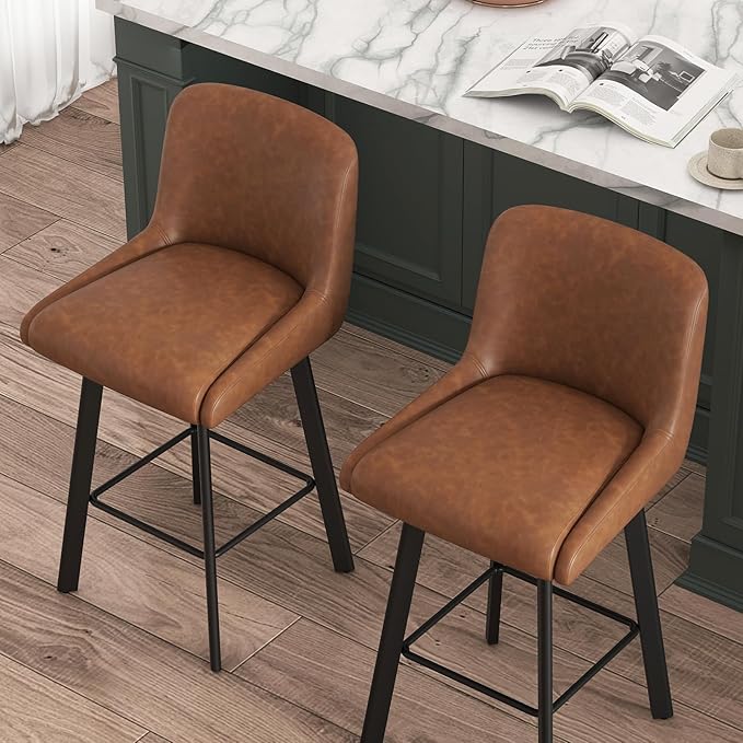 Swivel Bar Stools Set of 4, 26''H Upholstered Barstools with Backs, Modern Counter Height Bar Stool Chairs for Kitchen Island, Metal Legs, Faux Leather, Brown Counter Stools