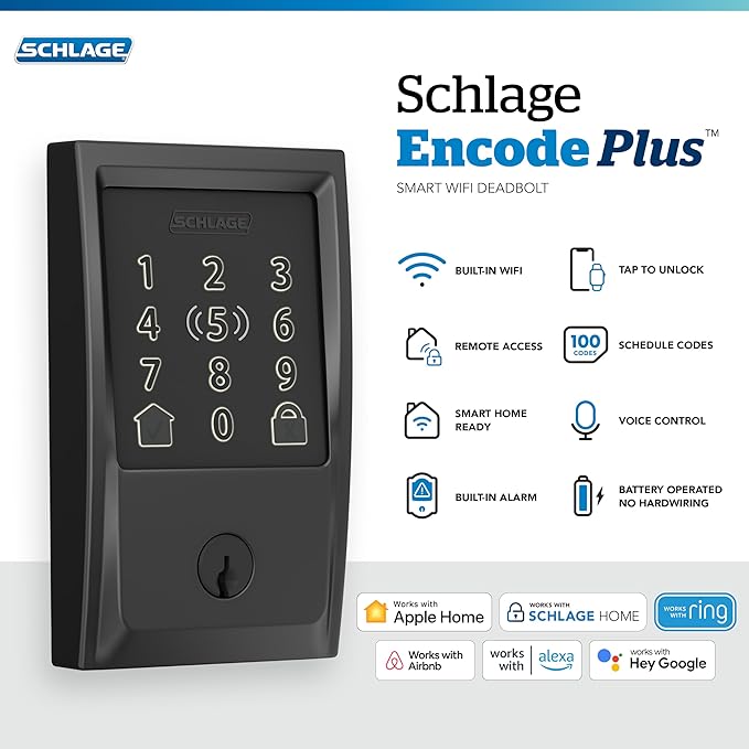 Schlage Encode Plus Smart Wi-Fi Lock for Front Door, Keyless Entry Deadbolt, Unlock with Apple Watch, Built-in WiFi and App Control, Easy Install, Alexa & Apple HomeKit Compatible, Matte Black