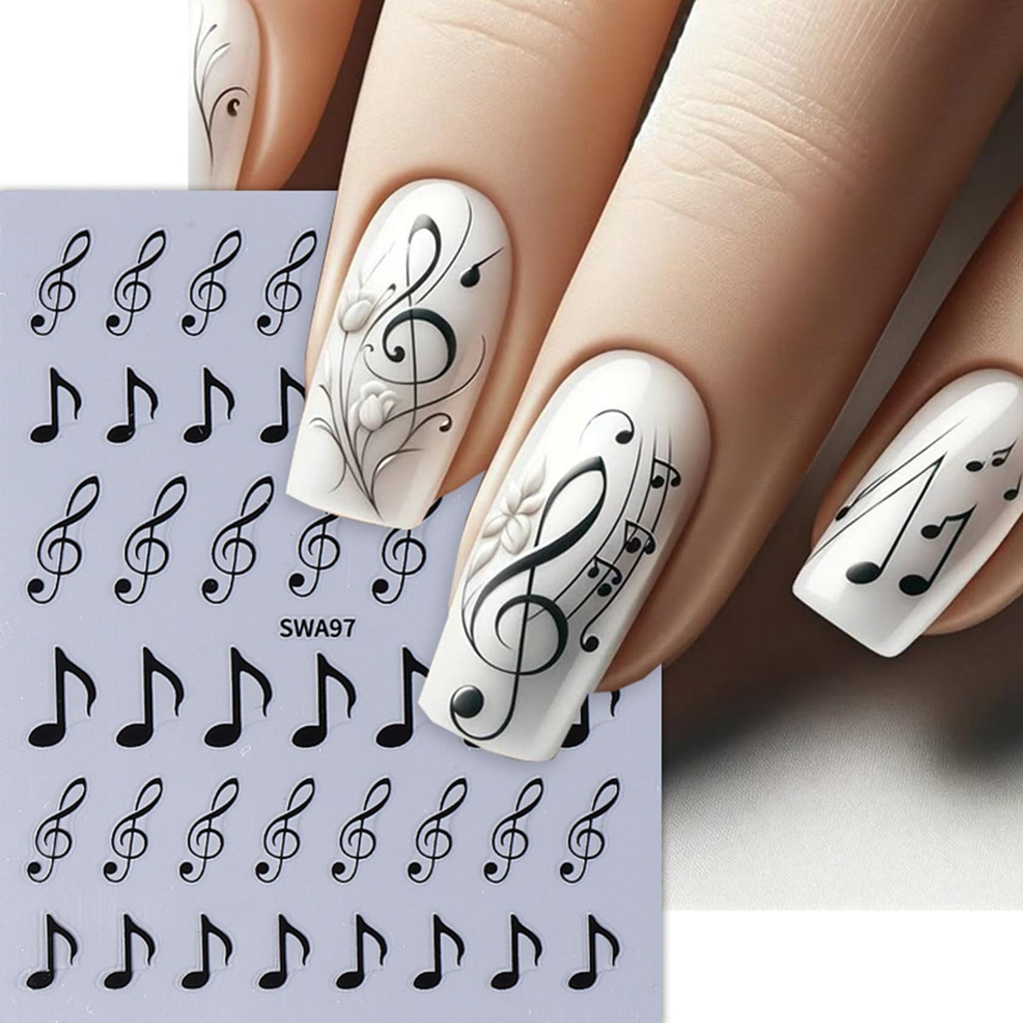 TailaiMei Music Nail Stickers, 3D Gold Black White Design Self-Adhesive Nail Art Decals for DIY Nail Decorations (510)