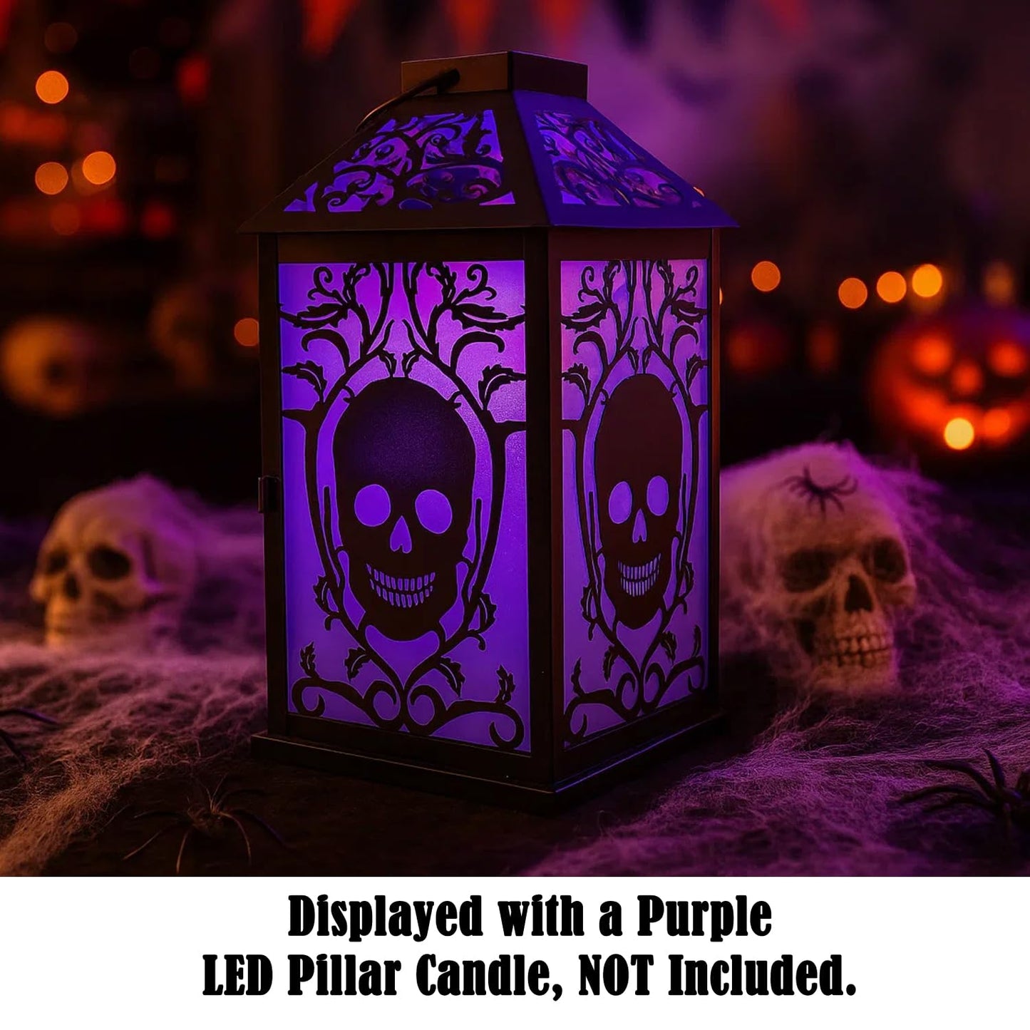VELA LANTERNS 11.5" Halloween Skull Candle Lantern - Decorative Spooky Tabletop Light for Haunted House, Gothic Home, Front Porch & Party Decor, Metal with Frosted Glass (Candle NOT Included)