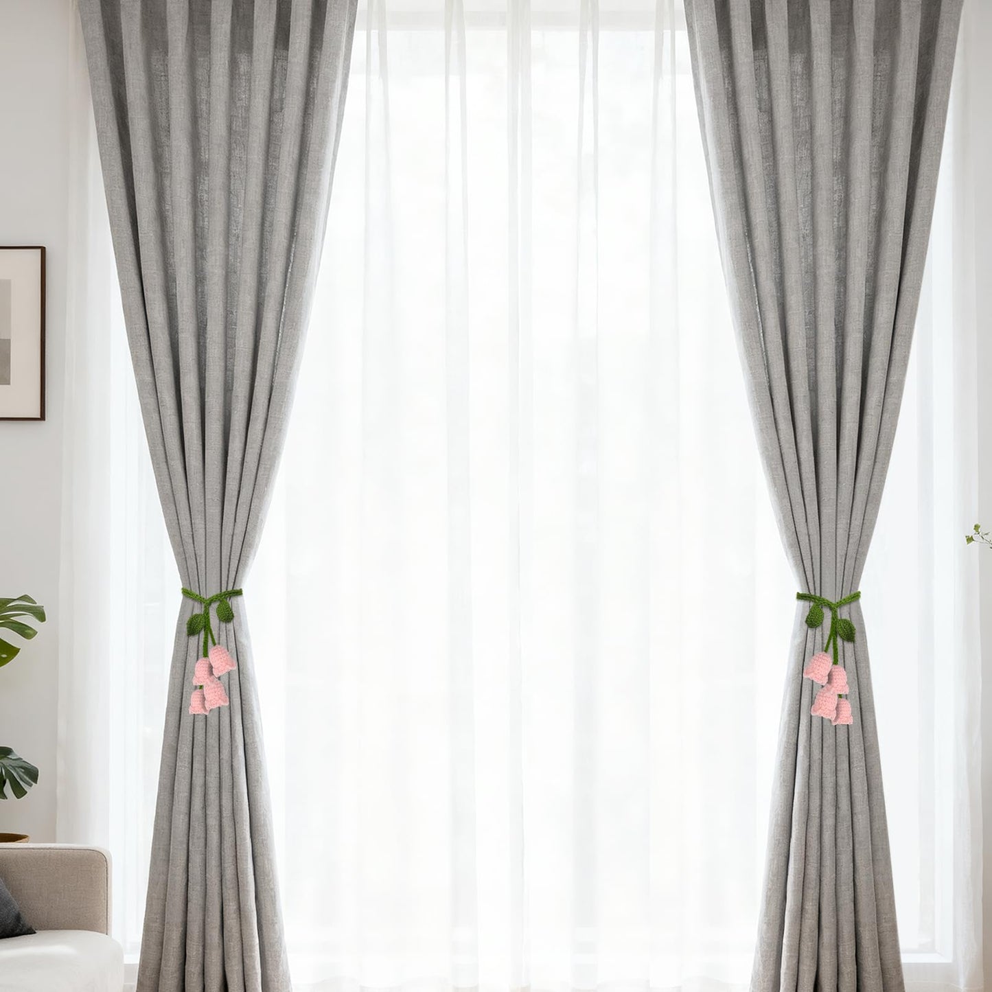 OCIOLI 2 Pack Boho Handmade Flower Curtain Tiebacks Curtain Holdbacks - No Drill Rope Curtain Holder, Drapery Holdback Decorative Pull Backs for Nursery & Bedroom Decor (2, Pink Lily of The Valley)