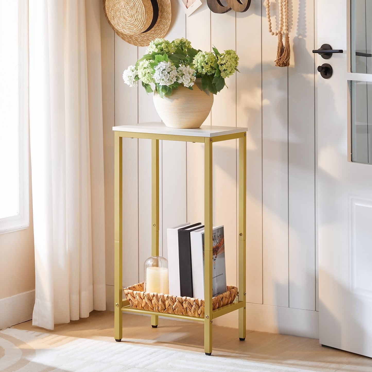 HOOBRO Tall End Table and Tall Side Table Bundle, 3-Tier Telephone Table, 2-Tier Tall End Table with Adjustable Mesh Shelves, Small Entryway Table, Laptop Table, DW01DH01G1-DW03DH01