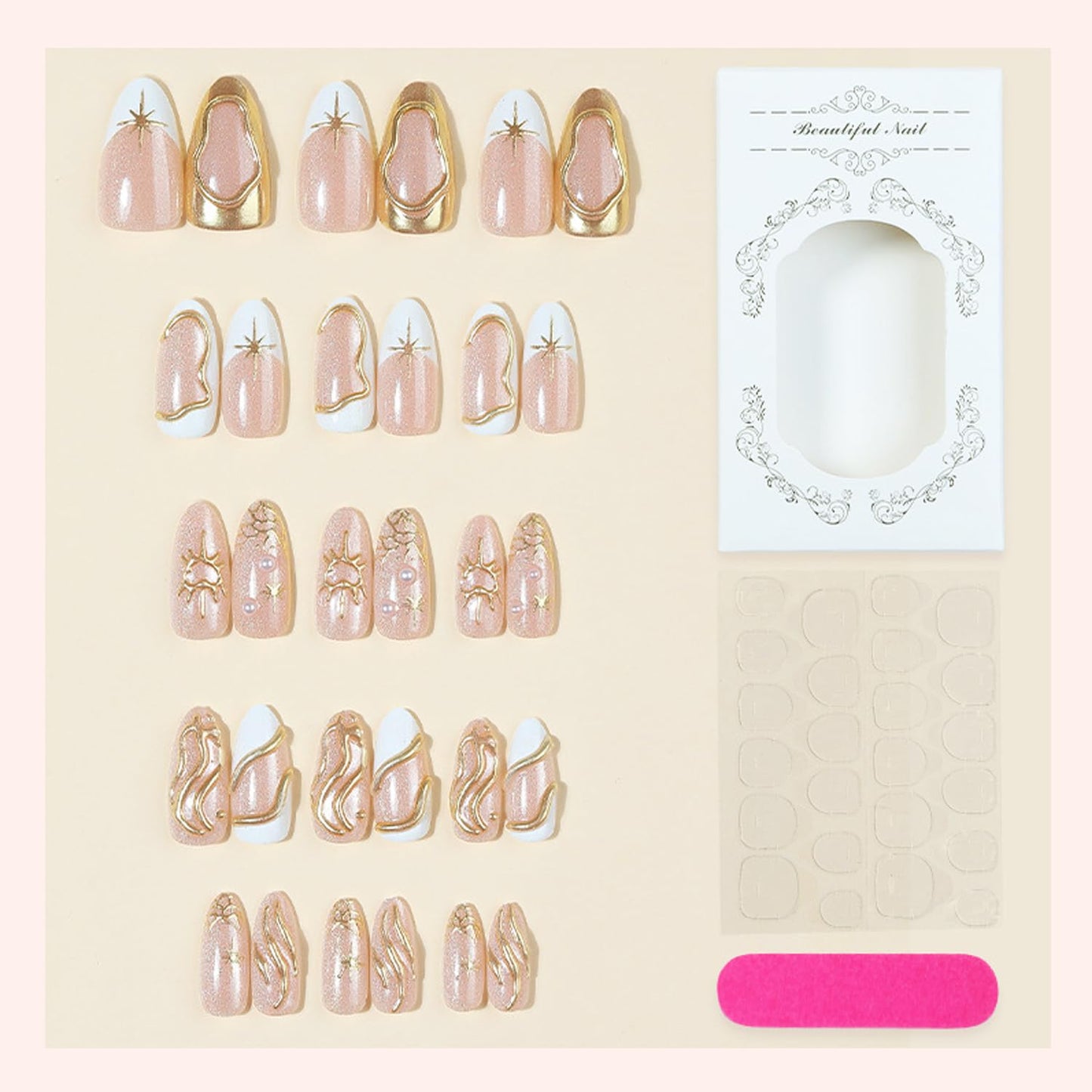 30pcs White French Tip Press on Nails 3D Gold Irregular Line Star Heart Design, Glossy Full Cover Acrylic False Nails with 3D Pearl Charm Reusable Stick Glue on Fake Nails for Women