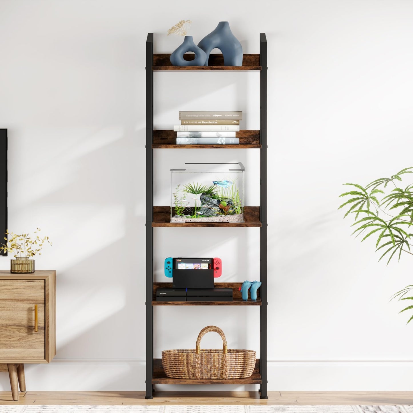 Hosfais 5 Tier Tall Bookshelf: Industrial Wood Book Shelf with Edge Protection Metal Narrow Bookshelf Bookcase Storage Organizer Display Rack for Living Room Home Office (Rustic Brown)
