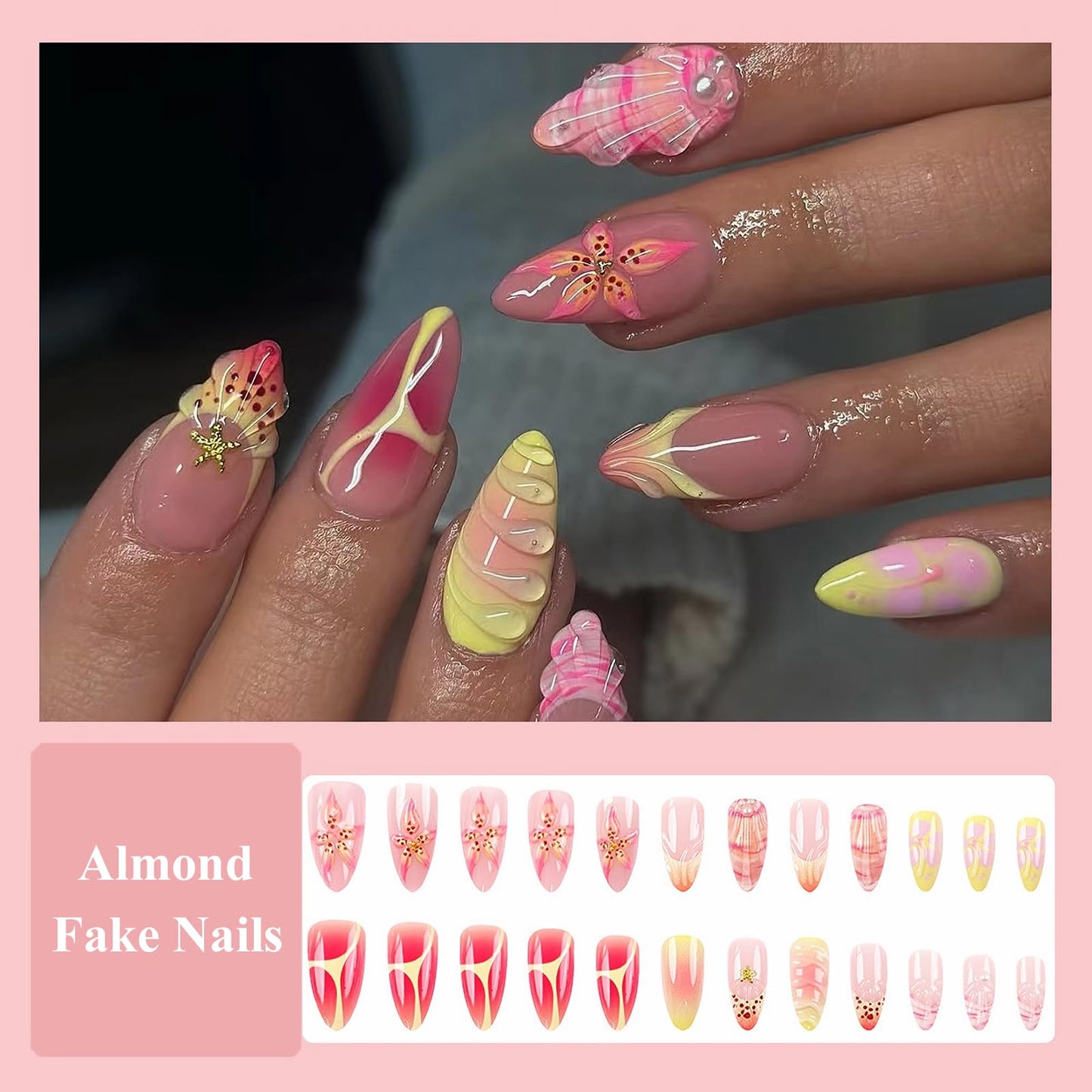 MISUD Press on Nails - Medium Almond Fake Nails with Summer Beach Acrylic Handmade 3D Flower Design 24 pcs