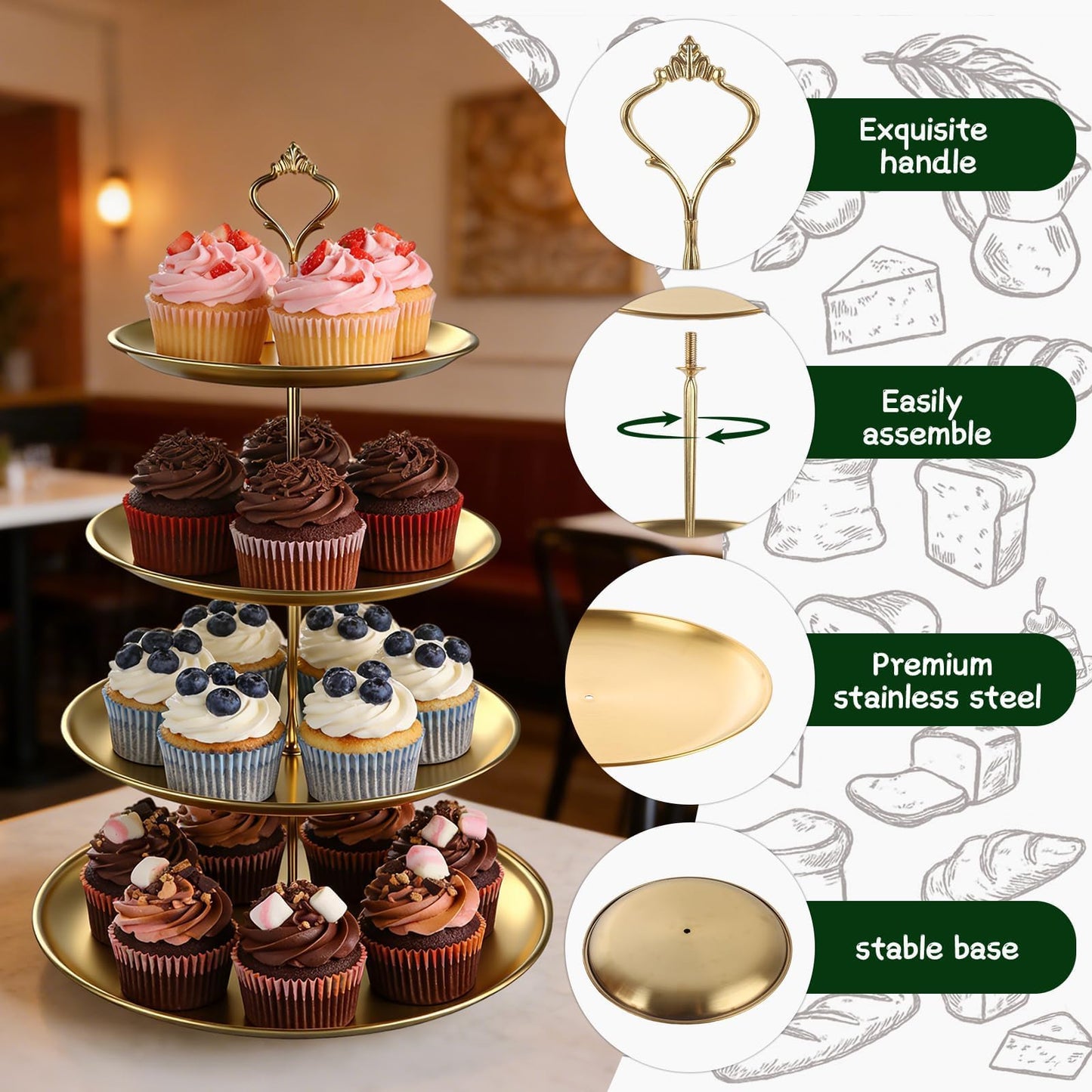 Oungy 2 Pack 4 Tier Cupcake Stand, 17.1" Gold Dessert Stands for Dessert Table, Stainless Steel Tiered Tray Stand for Wedding, Birthday & Party