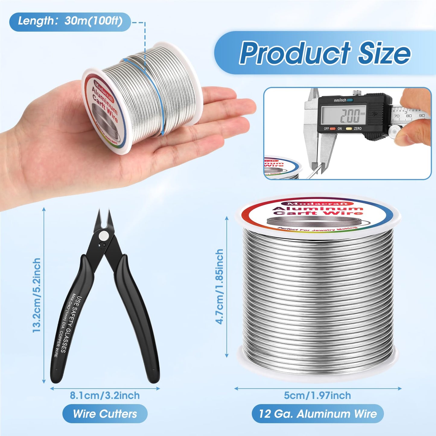 Modacraft 12 Gauge Aluminum Wire - 100 Ft 2mm Bendable Metal Craft Wire with Micro Flush Cutter for Sculpting, Jewelry Making, Floral Design, Doll Making, Bonsai Training, and DIY Crafts