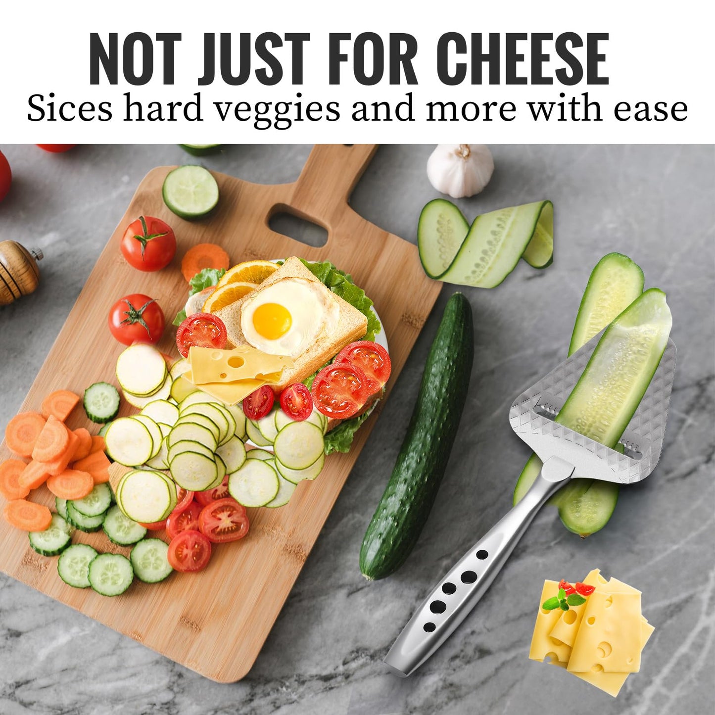 Premium Cheese Slicer – Effortless Slicing for All Cheese Types – Multi-Functional Cheese Cutter - Stainless Steel Cheese Plane – Quilted Pattern Reduces Resistance, Non-Stick, Ergonomic Handheld Grip