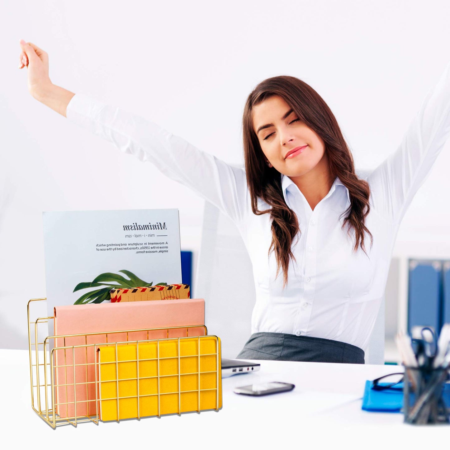 YiePhiot Desktop Mail Organizer File Organizer Metal Wire Mail Sorter Letter Organizer Magazine Rack for Letters, Mails, Books, Postcards, Brochures, Mail Holder (3 Slot, Gold)
