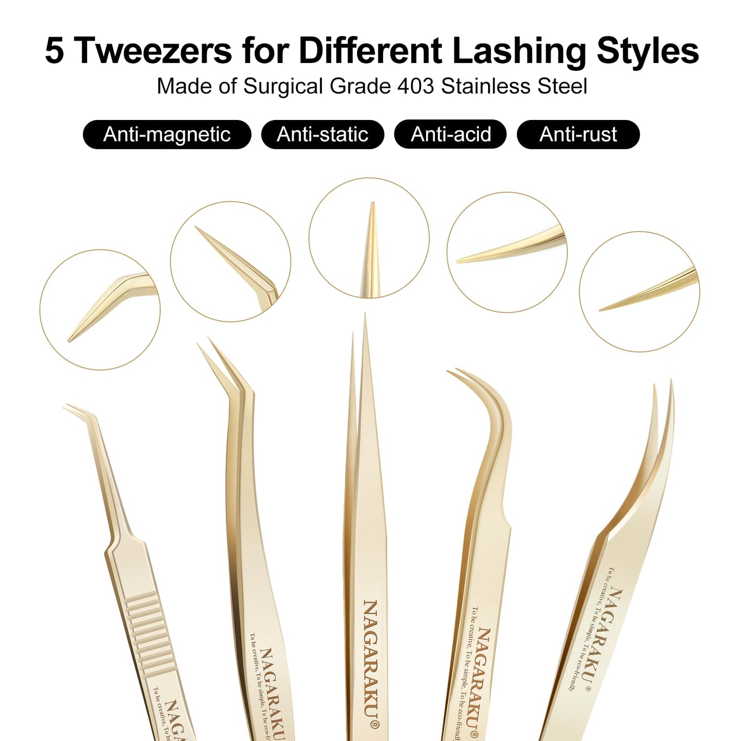 NAGARAKU Professional Eyelash Extension Tweezers, Precision Tip Stainless Steel Lash Tool Straight & Curved for Individual & Volume for Salon & Personal Use, 5 PCS Tweezers Set Easy Fanning with Case