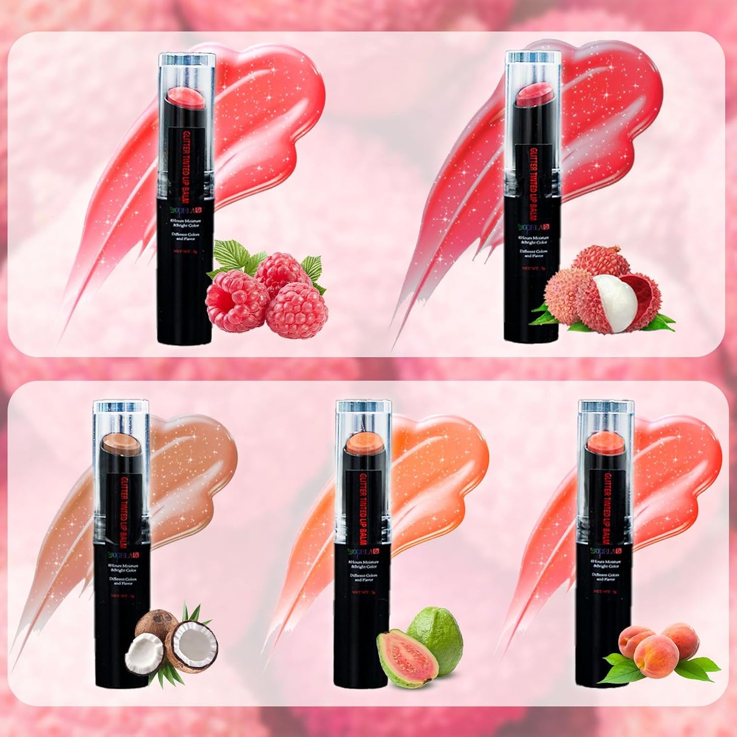 Yopela 5 Pack Tinted Lip Balm With Glitter Powder Stocking Stuffers Tinted Chapstick - Moisturizing Lip Balm with Shimmer - Lipstick Set - Assorted Colors and Favors Valentine's Gift