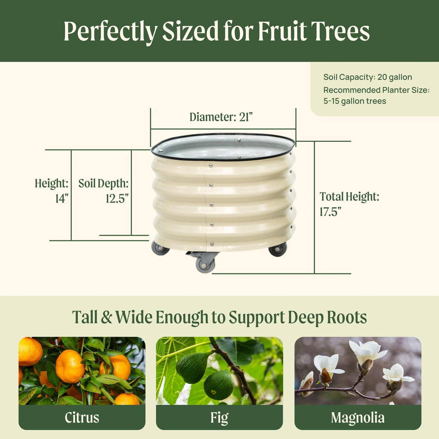 Rolling Metal Citrus Tree Planter Pot, 21″ Round Planter Box for Porch Patio & Backyard, 20 Gallon Large Planter Pot with Wheels for Growing Olive Trees Tomatoes Vegetables and Flowers, Olive Green