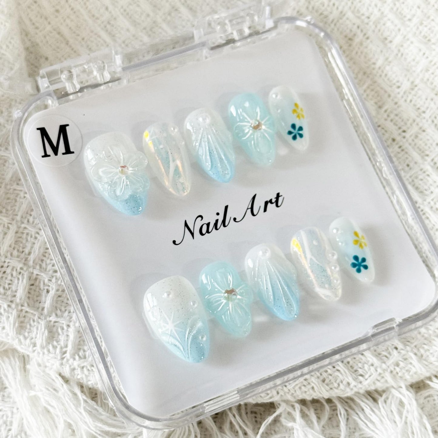 10PCS Handmade Press on Nails Short Almond Fake Nails Blue Gradient Acrylic Nails with Glitter designs Stick on Nails Pearl 3D Flower Unique Full Cover Gel Glue on Nails for Women False Nails（M Size）