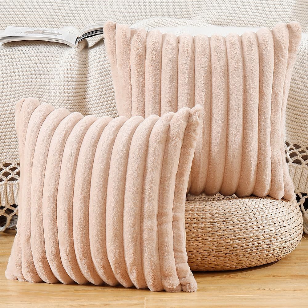 MADIZZ Set of 2 Faux Wool Plush Decorative Throw Pillow Covers 22x22 Inch Light Brown Fluffy Striped Soft Decorative Cushion Cover for Sofa Bedroom Pillow Shell