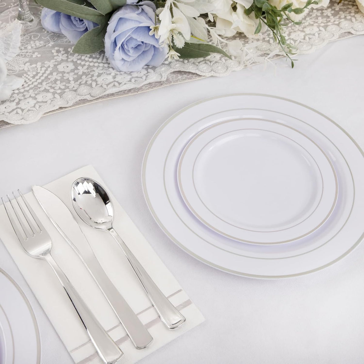 GATHER 350PCS Silver Plastic Plates - White and Silver Disposable Plates for 50 Guests Includes 50 Dinner Plates 50 Dessert Plate 50 Napkins 150 Silvery Cutlery and 50 Cups for Wedding & Party