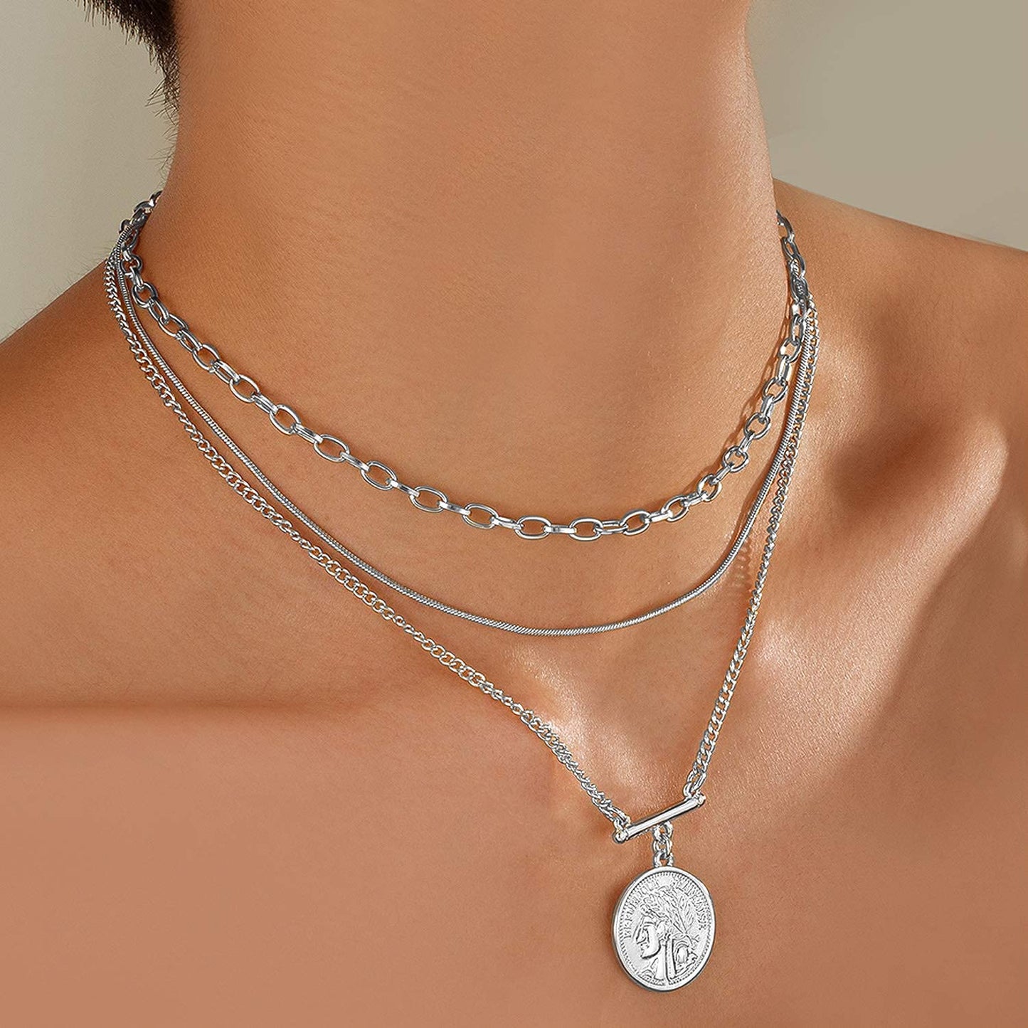 LANE WOODS Gold Plated Necklaces for Women - Multilayer Coin Medallion Pendant Necklace Adjustable Layering Choker Necklaces Chain Set Jewelry（Coin Medallion-Silver）