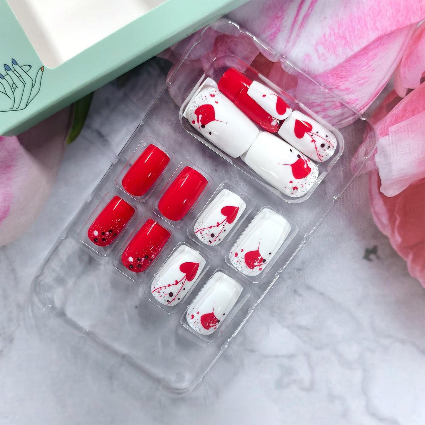 Heart Press on Nails Short Square Artificial Acrylic Fake Nails Red Love with Red Lines Design Valentines Artificial Fingernails Full Cover Glossy Glitter Stick on Nail for Women Festival Manicure