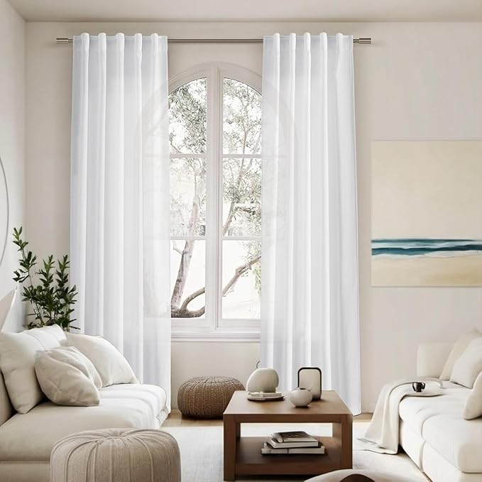 Nanspring 45 Inch Linen White Curtains for Kitchen Short Window Semi Sheer Light Filtering Linen Drapes Modern Farmhouse Back Tab Rod Pocket Curtain for Cafe Bathroom 34 X 45,2 Panels