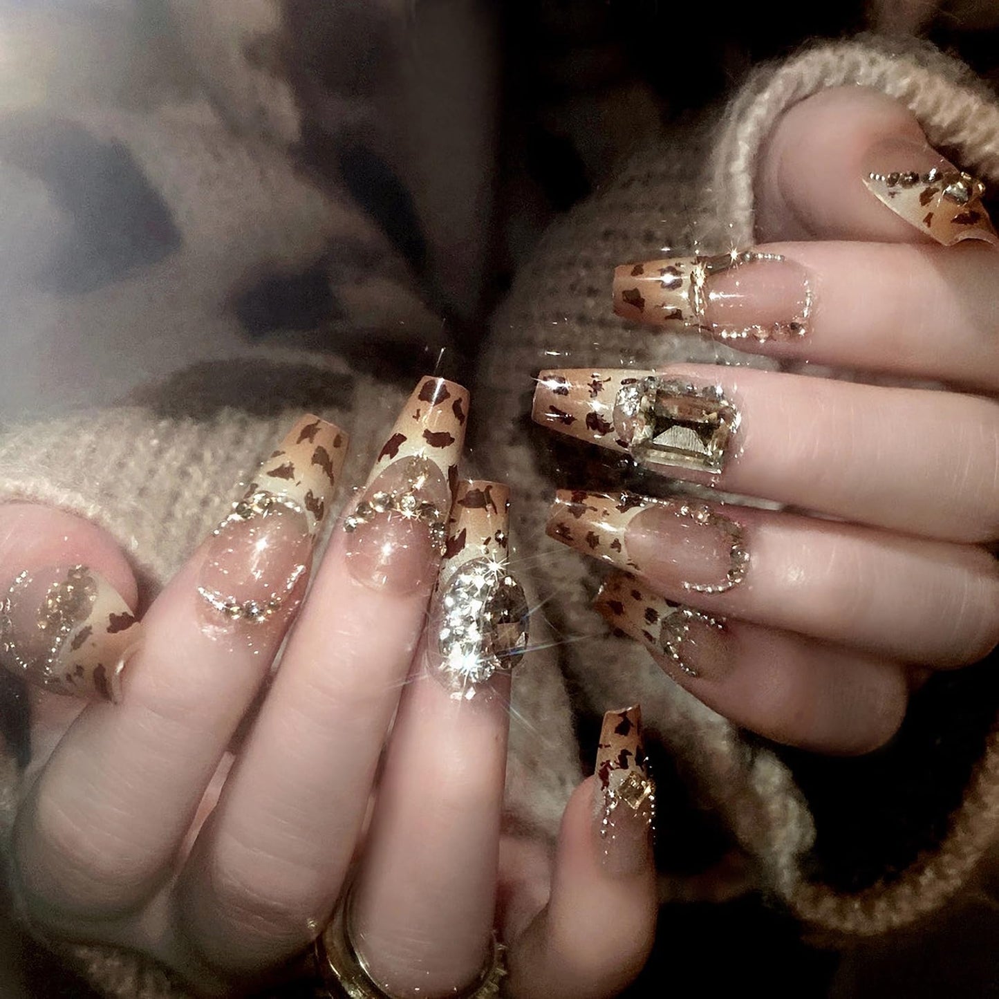 MISUD Press on Nails - Long Coffin Fake Nails with Fall Brown Cheetah, Acrylic Rhinestone Design 24 pcs