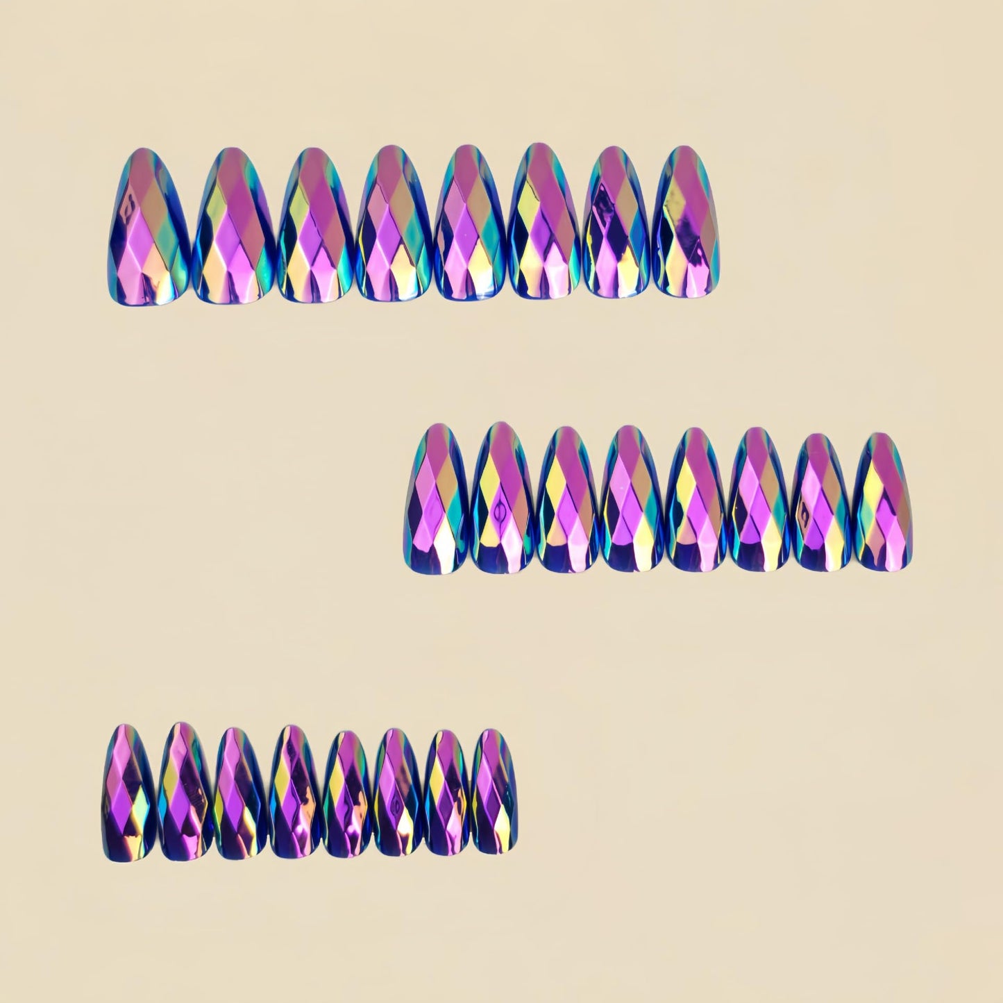 RUOKEXIN Almond Press on Nails Medium Length Fake Nails Chrome False Nails with 3D Rhombus Designs Full Cover Nail Press ons Sparkly Artificial Nails for Women 24Pcs(Dark Purple)