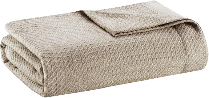 Madison Park Soft Certified 100% Egyptian Cotton Breathable Cozy Blanket, Premium Waffle Knit Classic Design, Luxury All Season Lightweight Cover for Bed, Couch and Sofa, Khaki Full/Queen(90"x90")