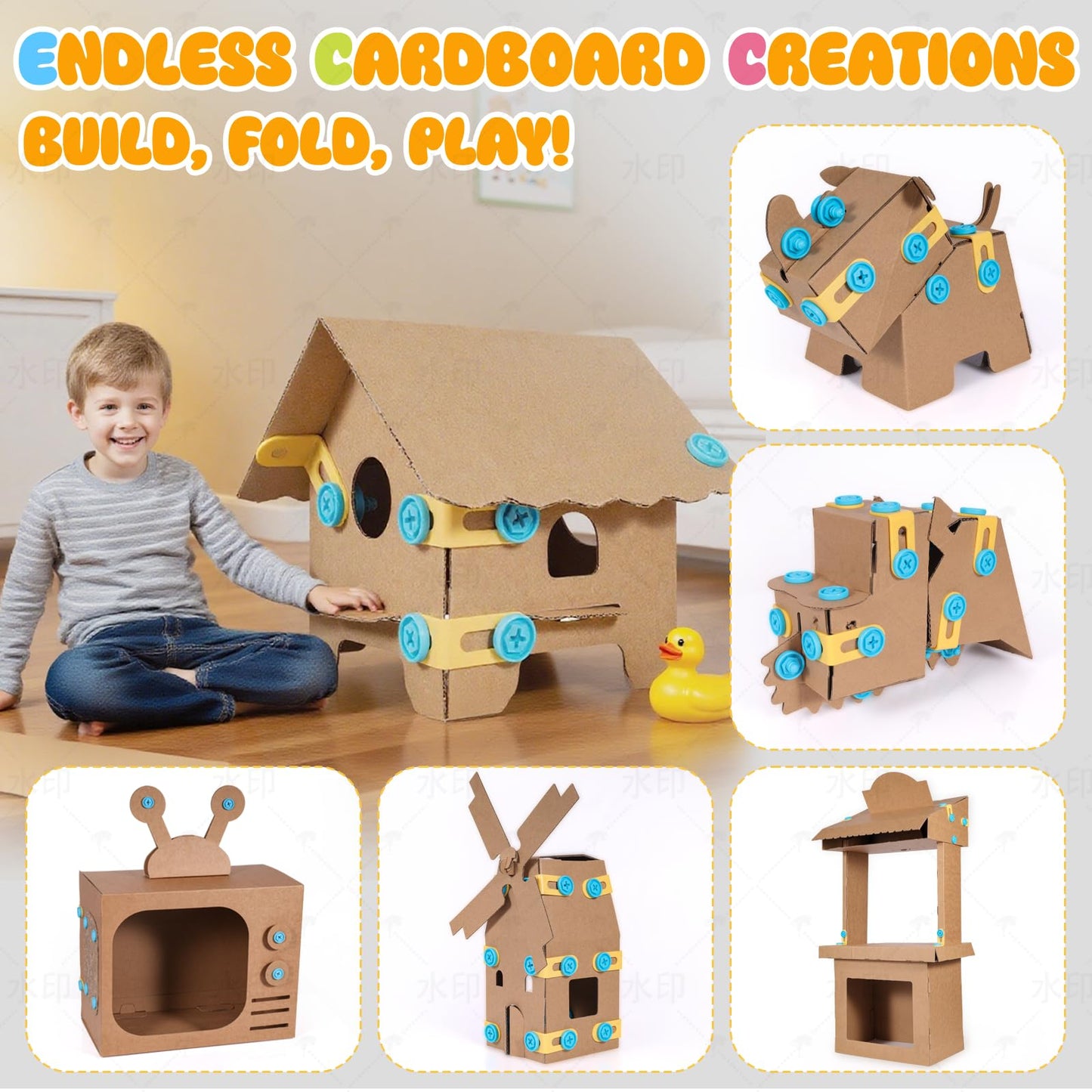 Zentara Kids Cardboard Tool Set, 232-Piece STEM Building Kit with Safe Wooden Cutter, Reusable Bolts & Nuts, Hinges, and Eco Gift Box