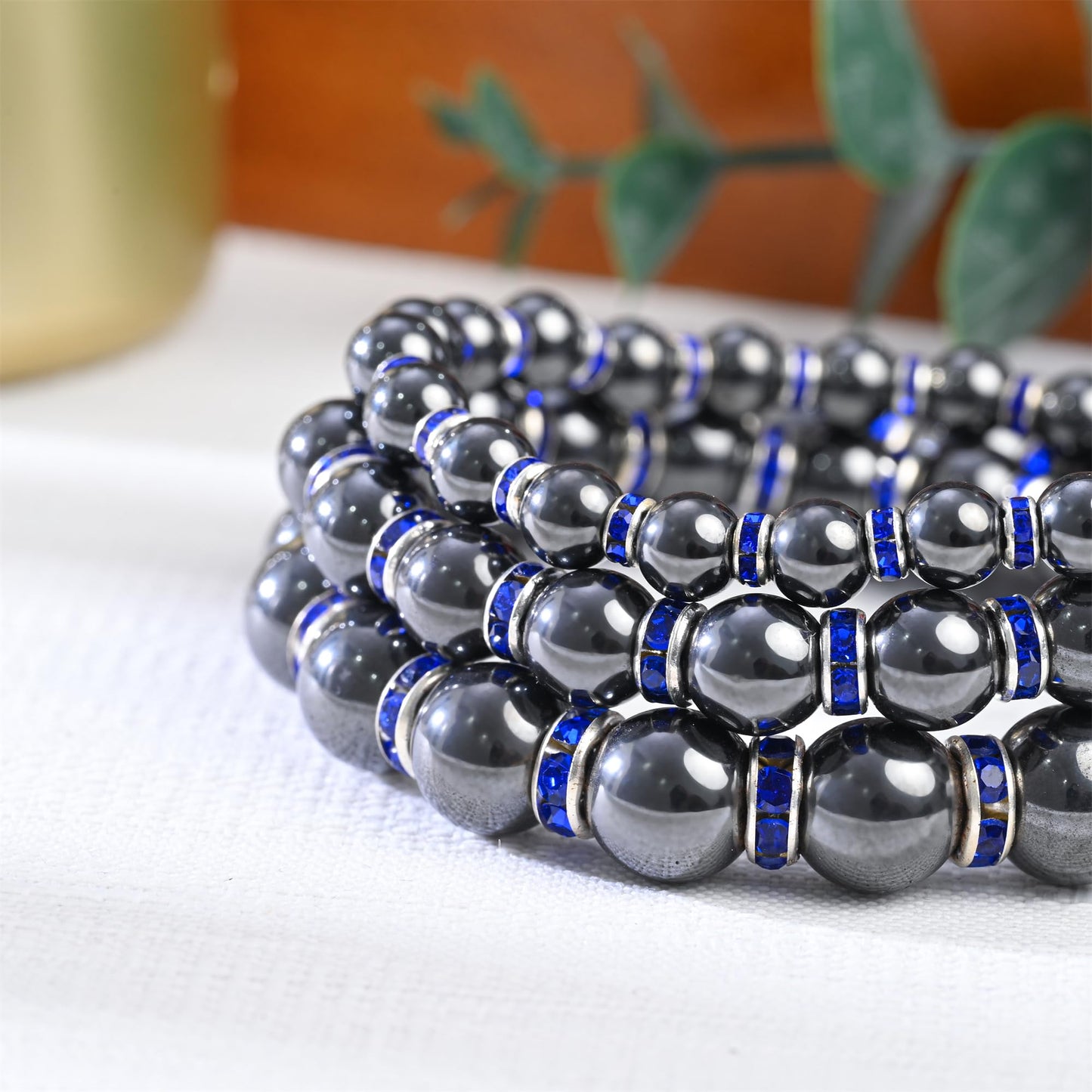 Apocalyptic-K Women's Magnetic Bracelet，Hematite Bracelets，Magnetic Bracelets With Zirconia,Handmade Stretch Bracelet，Eliminates static electricity. (Blue Zirconia，8MM)