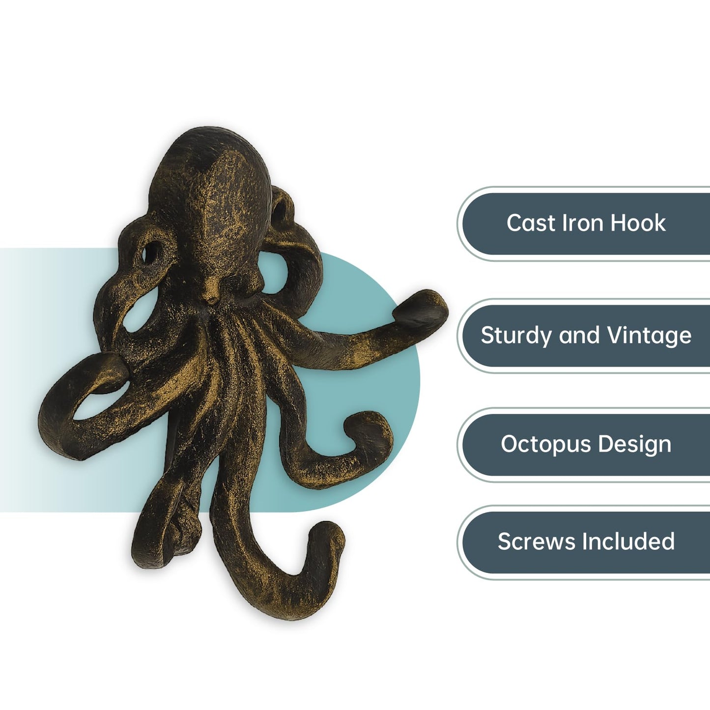 HERNGEE Octopus Cast Iron Wall Hook – Nautical Decorative Key Holder, Coastal Ocean Theme Animal Hook for Entryway, Bathroom, or Bedroom, Heavy Duty Antique Bronze