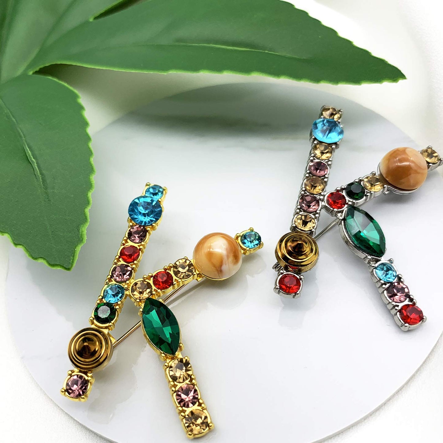 XGALBLA Letters K Plated Metal Stone Clear Colorful Crystal Lapel Pin Brooches Collar(Gold Tone)