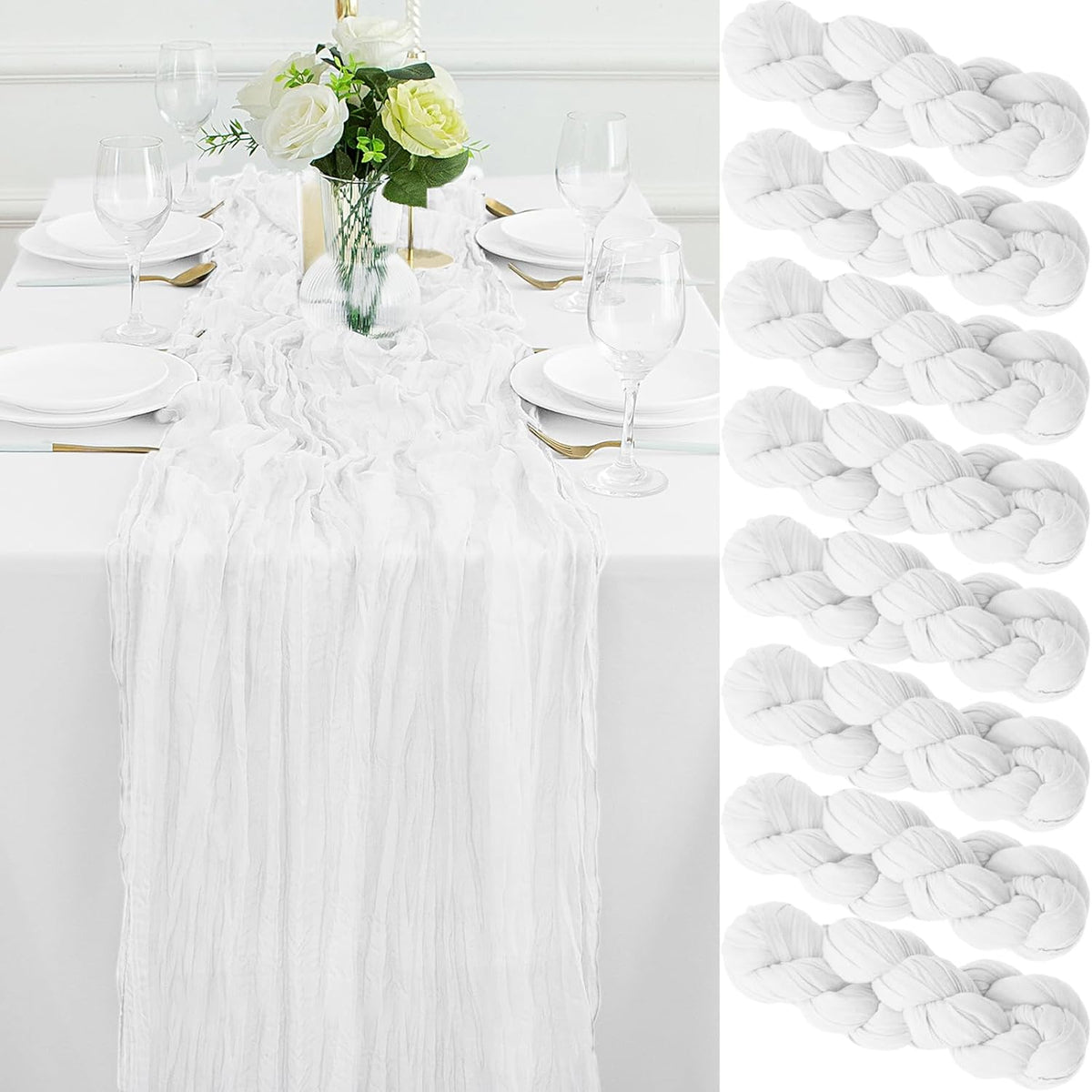 Dugpit 8-Pack White Cheesecloth Table Runner 10FT – Boho Rustic Gauze Runner for Weddings & Parties