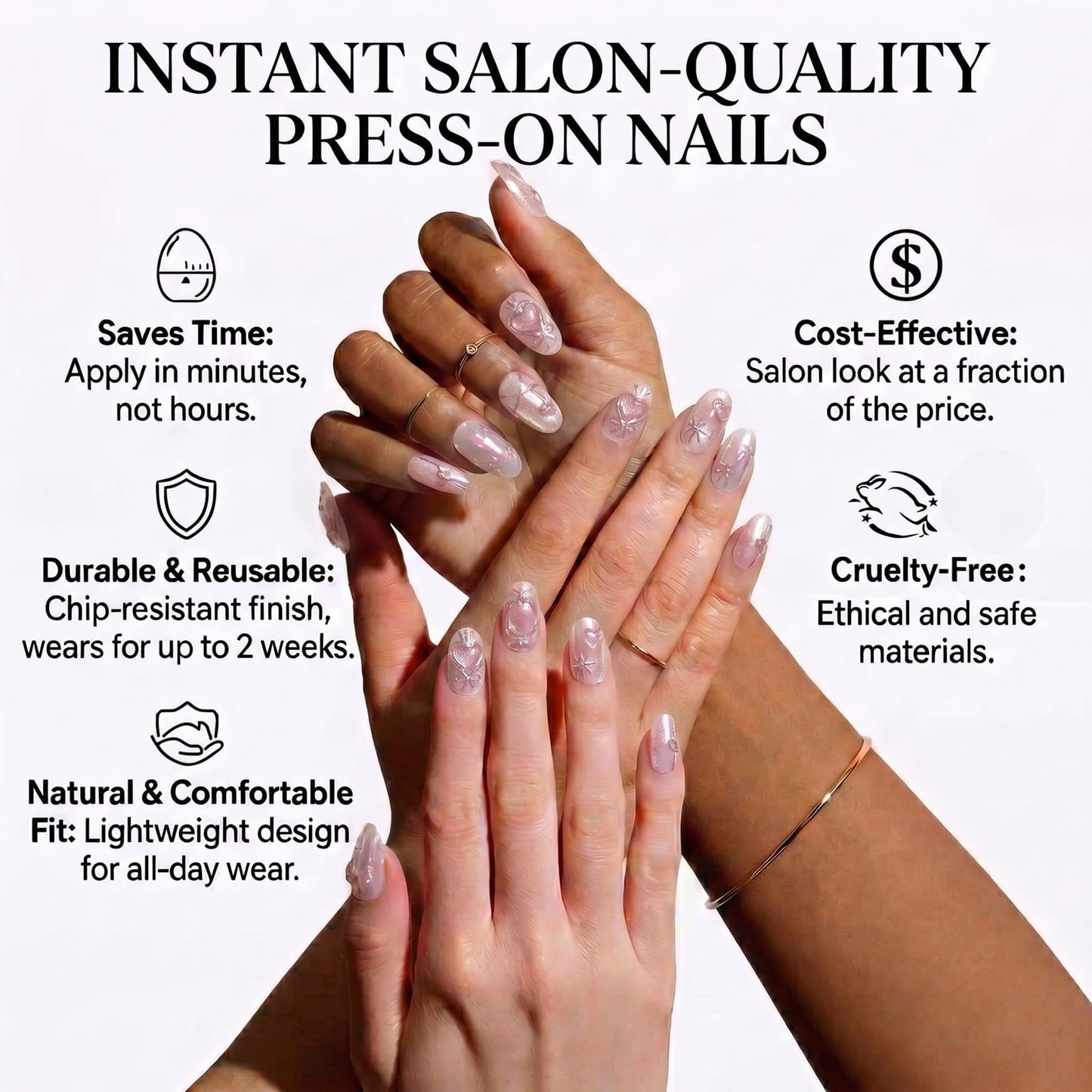 IMSOHOT Oval Press on Nails, Short Fake Nails, Pink Cat Eye 3D Sculpted Heart Bow Castle, 30 Pcs Reusable Glue on Nails for Women
