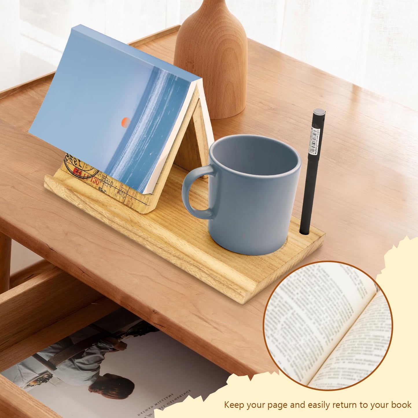 Wooden Triangle Book Stand with Drink Holder, Library Card Design Book Holder Page Rest, Night Stand Book Holder with Pen Slot, Gift for Book Lovers, Readers, Librarians, Writers