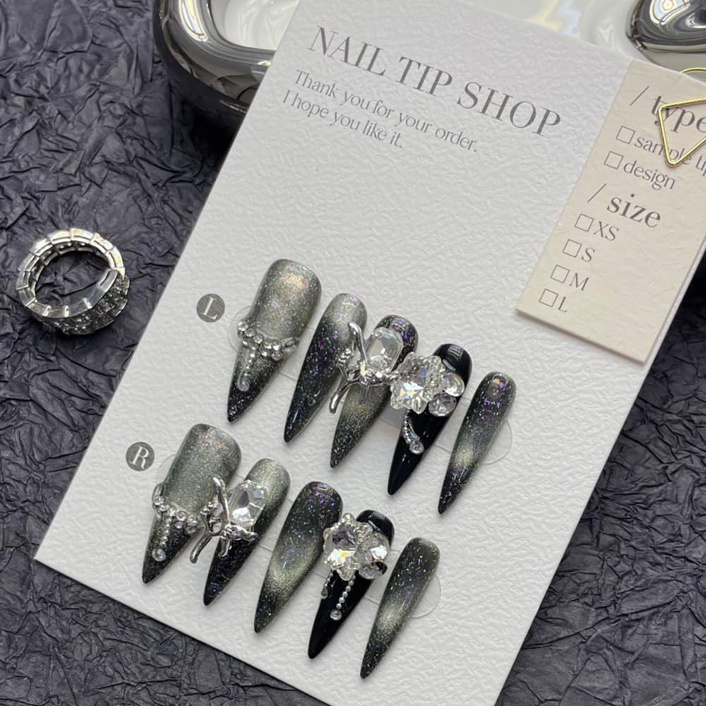 JIEADJIE Press On Nails (100% Handmade),Length Version,Handmade Painted Nail Art by Nail Technician,Luxury Party and Holiday Styles (Black Flash Silver, Medium)