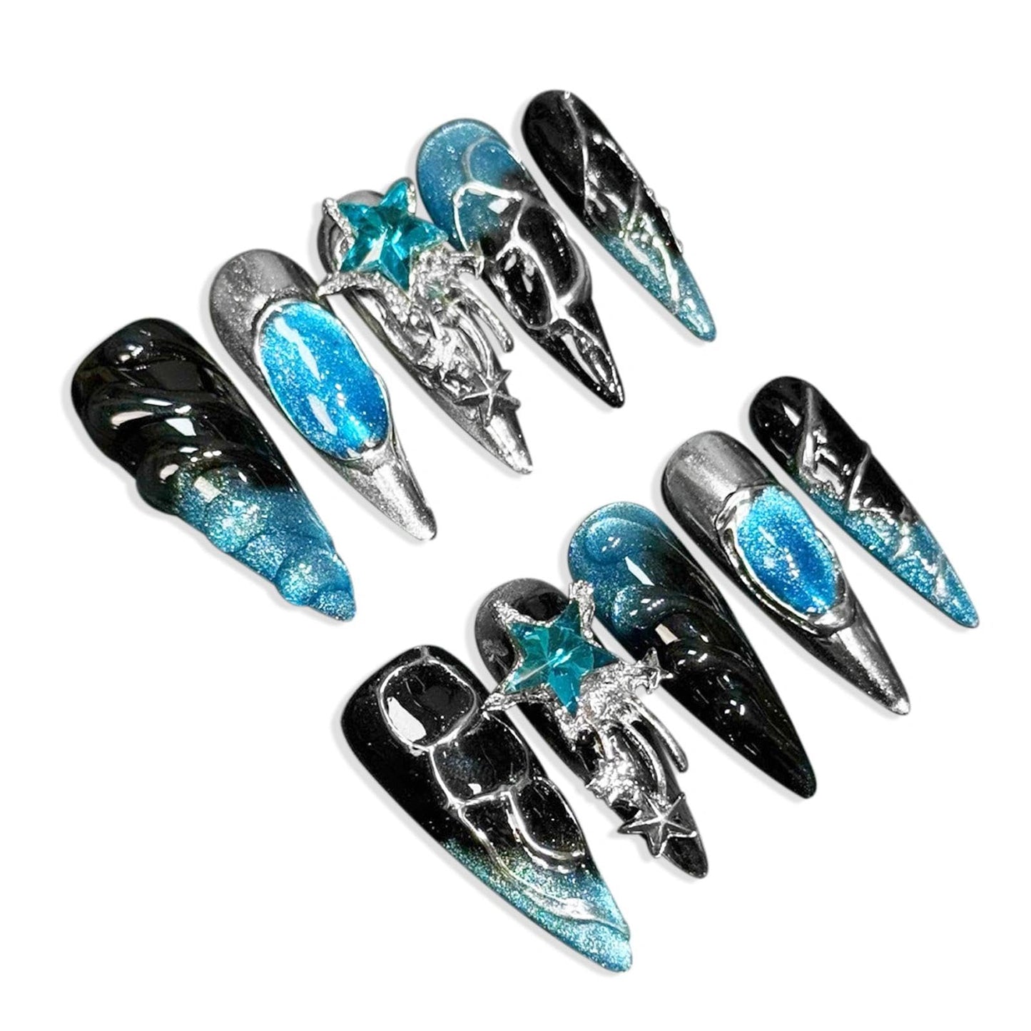 Handmade 3D Dark Sci-Fi Ocean Star Stiletto Press On Nails, Blue Black Gradient Rhinestone Artisan Nails Set, Reusable Glossy Press-ons with Tool Kit(M)