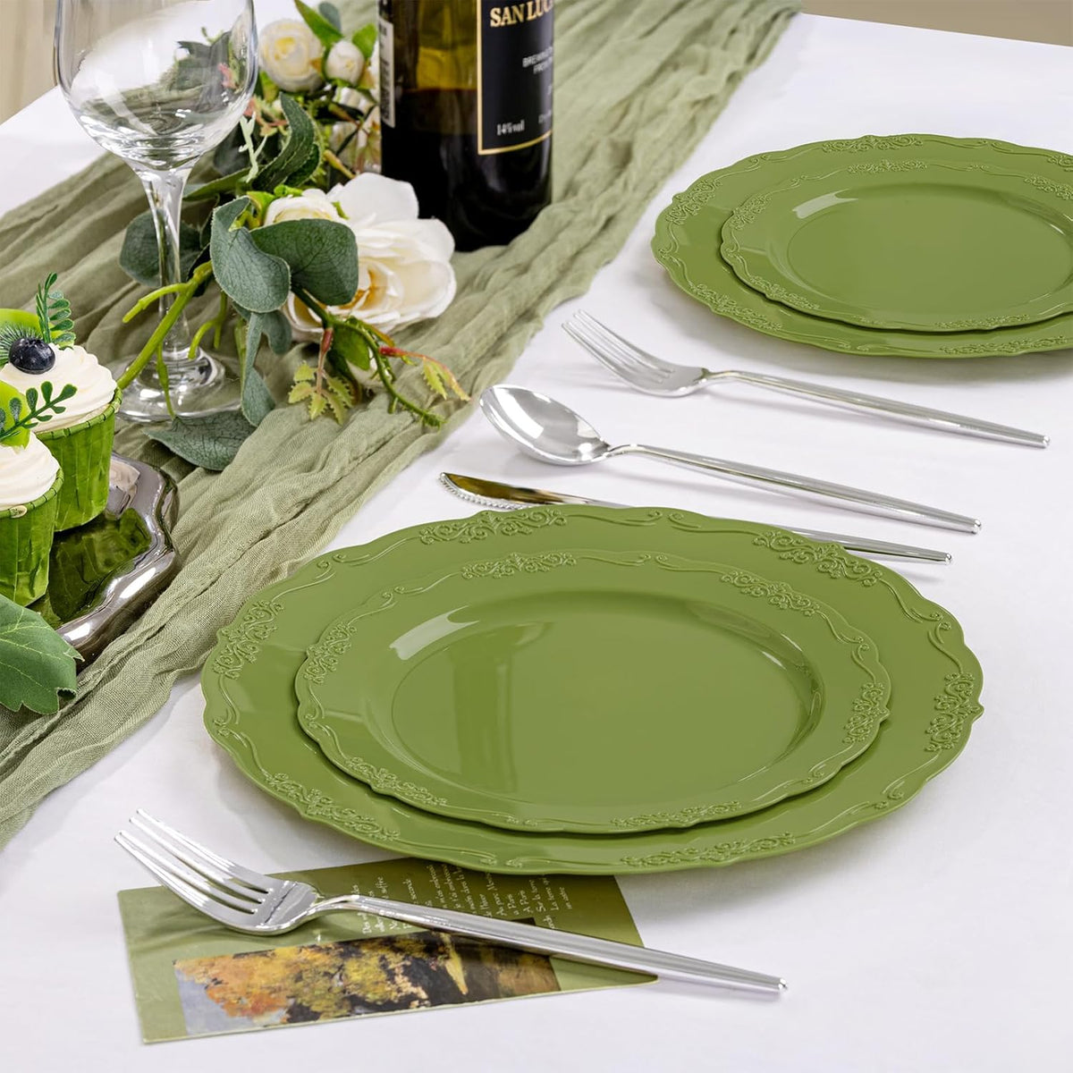 U-QE 100PCS Olive Green Plastic Plates - Plastic Green Plates Disposable Heavy Duty - Olive Disposable Plates for Party Including 50PCS 10'' Dinner & 50PCS 7.5'' Dessert
