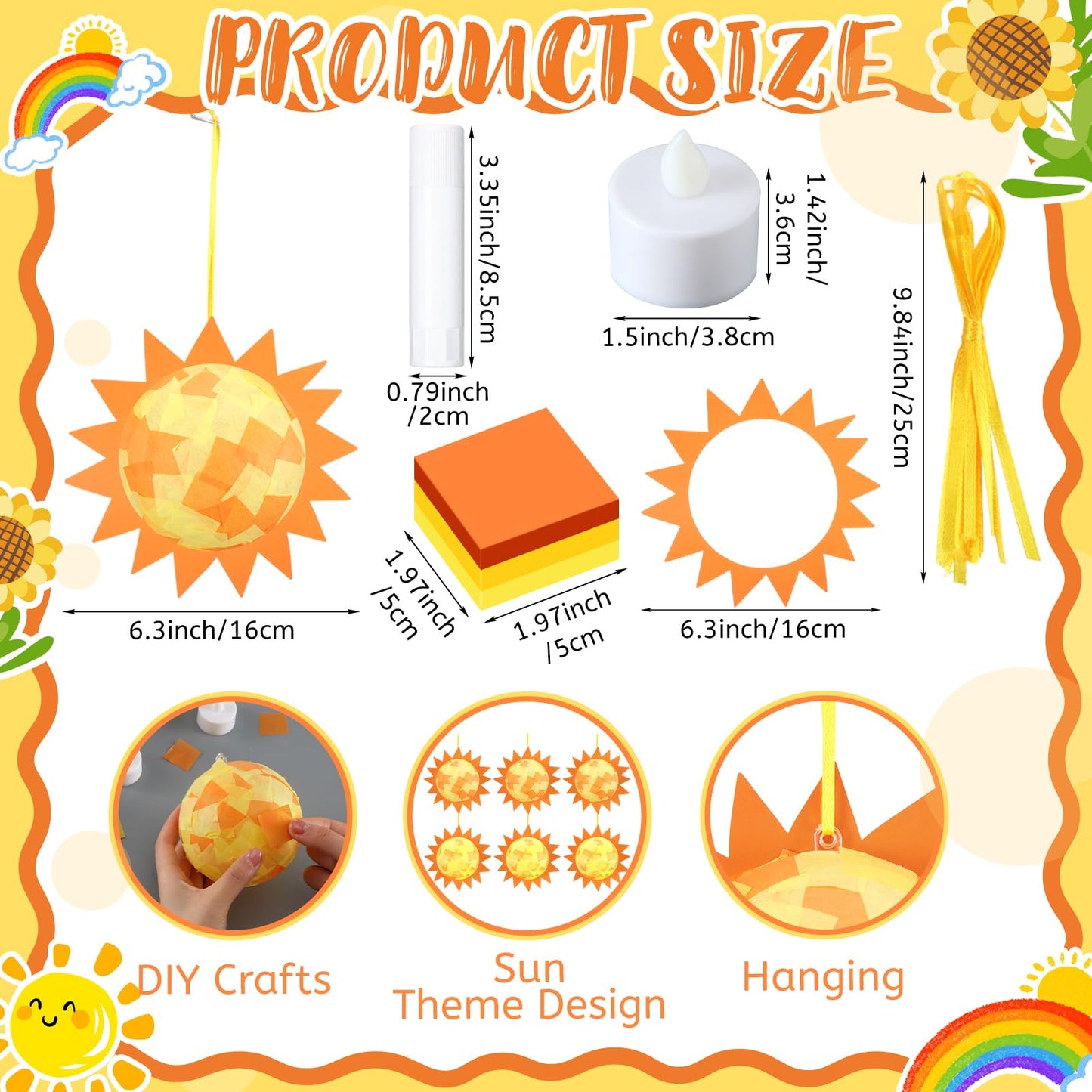 Simgoing 12 Set Sun Craft Kits with LED Candlelight Gold Sun DIY Art Tissue Paper Craft Summer Hanging Ornaments 3D Suncatcher Decoration for Summer Home School Classroom Party Decoration Art Activity