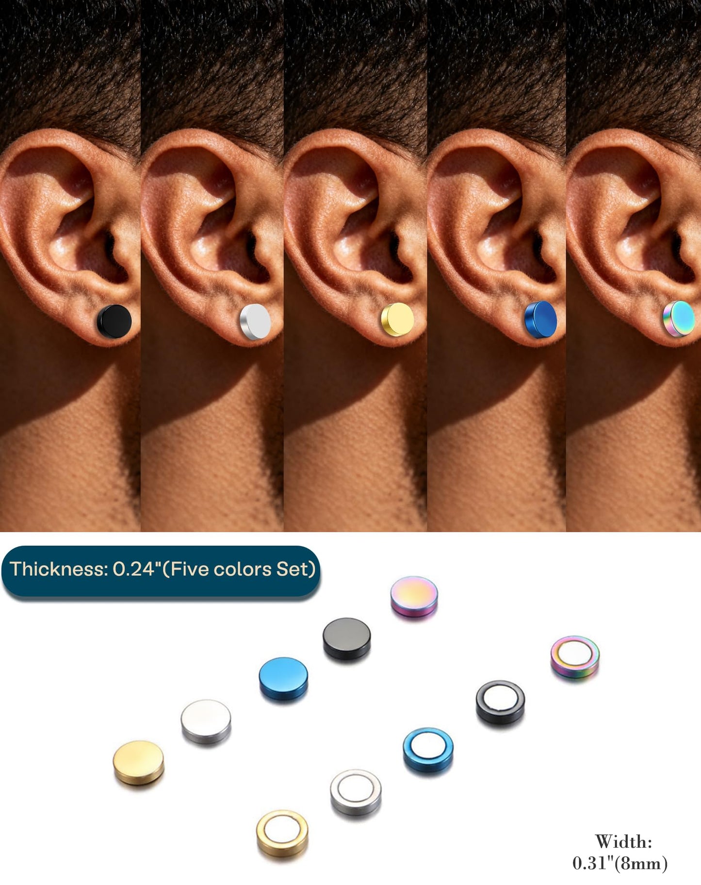 SIISPRI 4-5 Pairs 6-12mm Black Stainless Steel Magnetic Fake Gauges Earring Studs for Men Women Non Pierced Earrings,Hypoallergenic (Colorful (5 Pairs 8mm))…