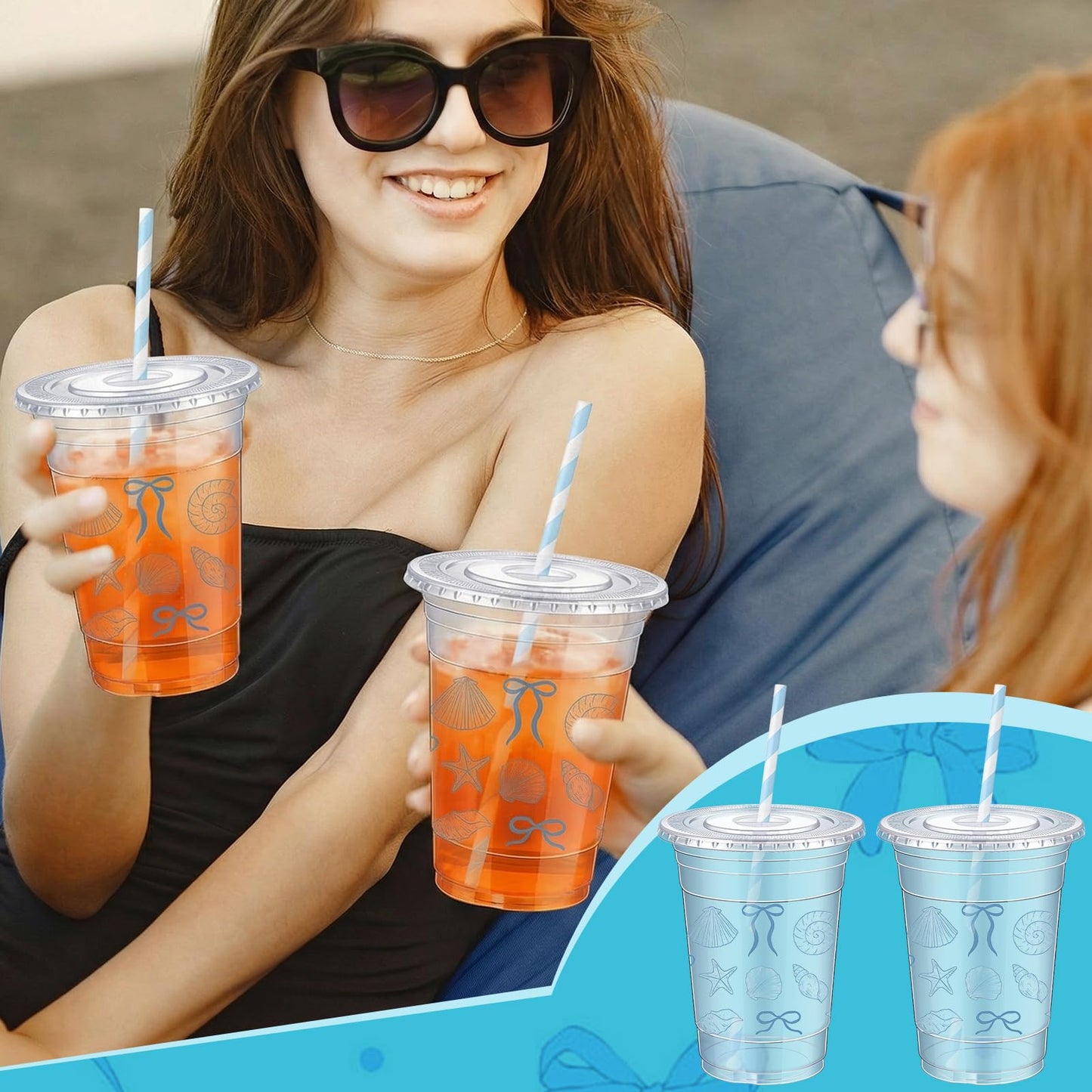 Sliner 25 Pcs 16 oz Coquette Disposable Plastic Cups with Straw for Party Supplies Bow Cups Birthday Wedding Bridal Engagement Party Drinkware Baby Shower Decoration (Blue Bow Starfish and Seashell)