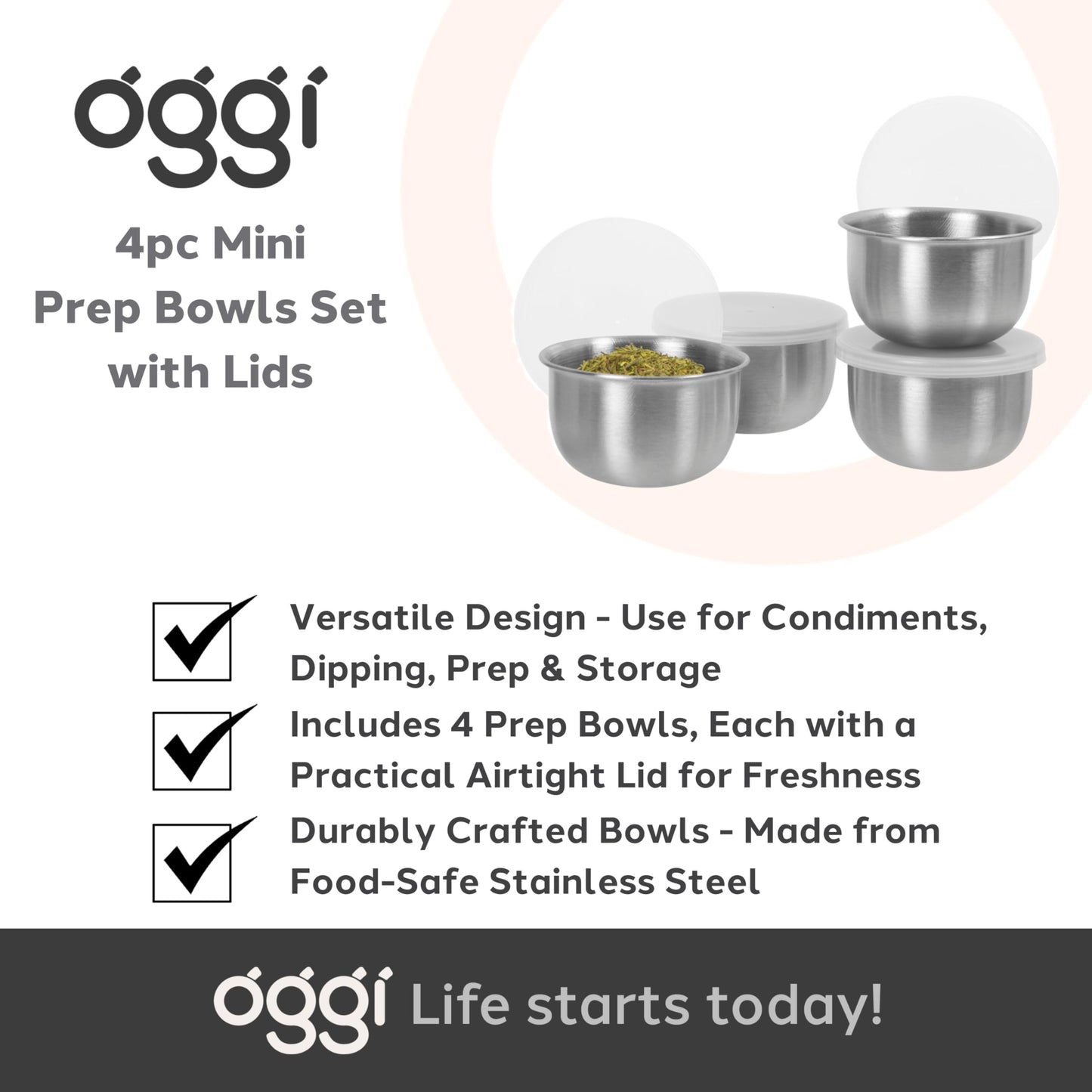 OGGI Set of 4 Stainless Pinch Bowls - 4 fl oz with Lids, Ideal Salt & Pepper Bowls, Mini Storage Bowls, White Lid