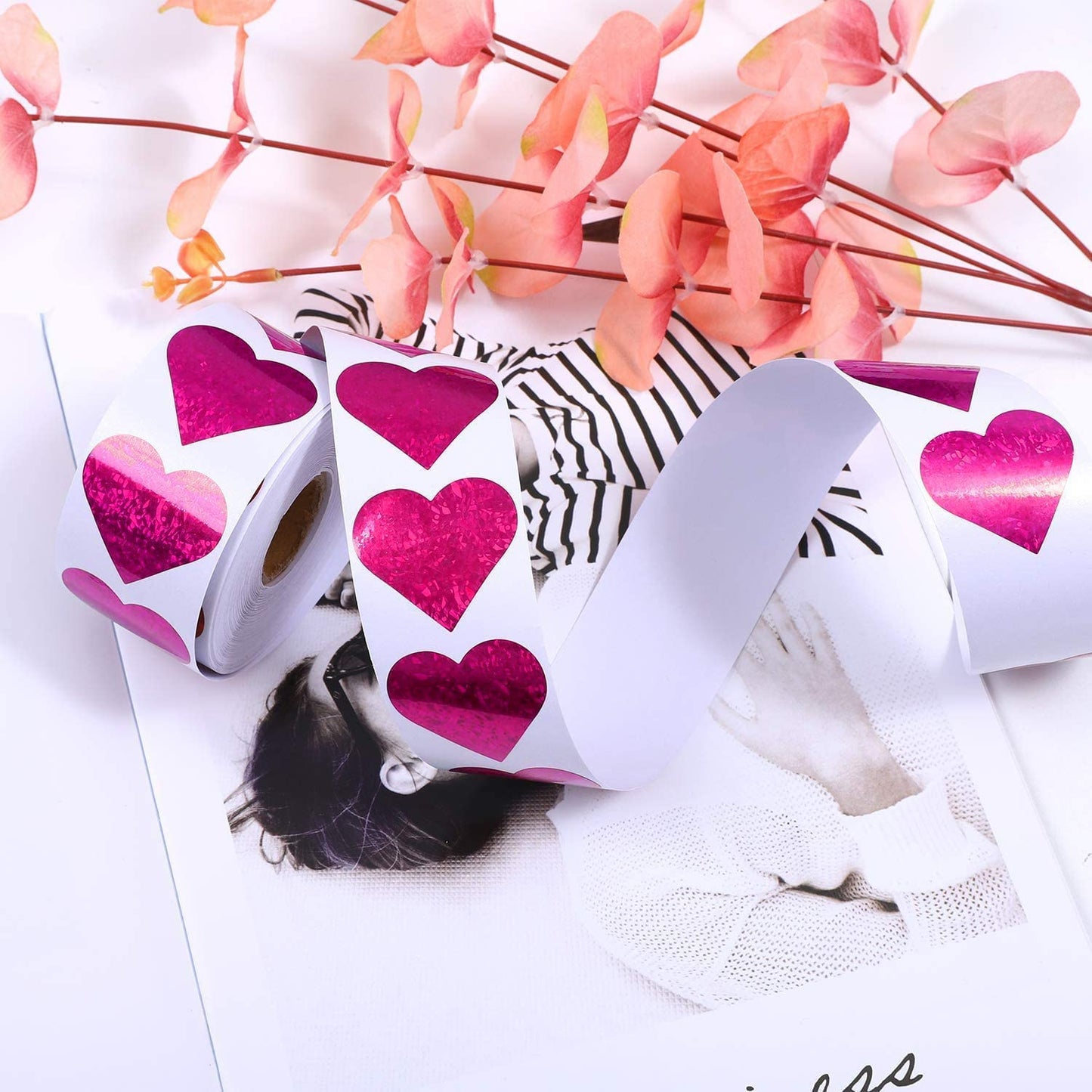 1.5" Glitter Red Heart Stickers and 1.5" Glitter Pink Heart Stickers, 2 Roll 1000 Piece