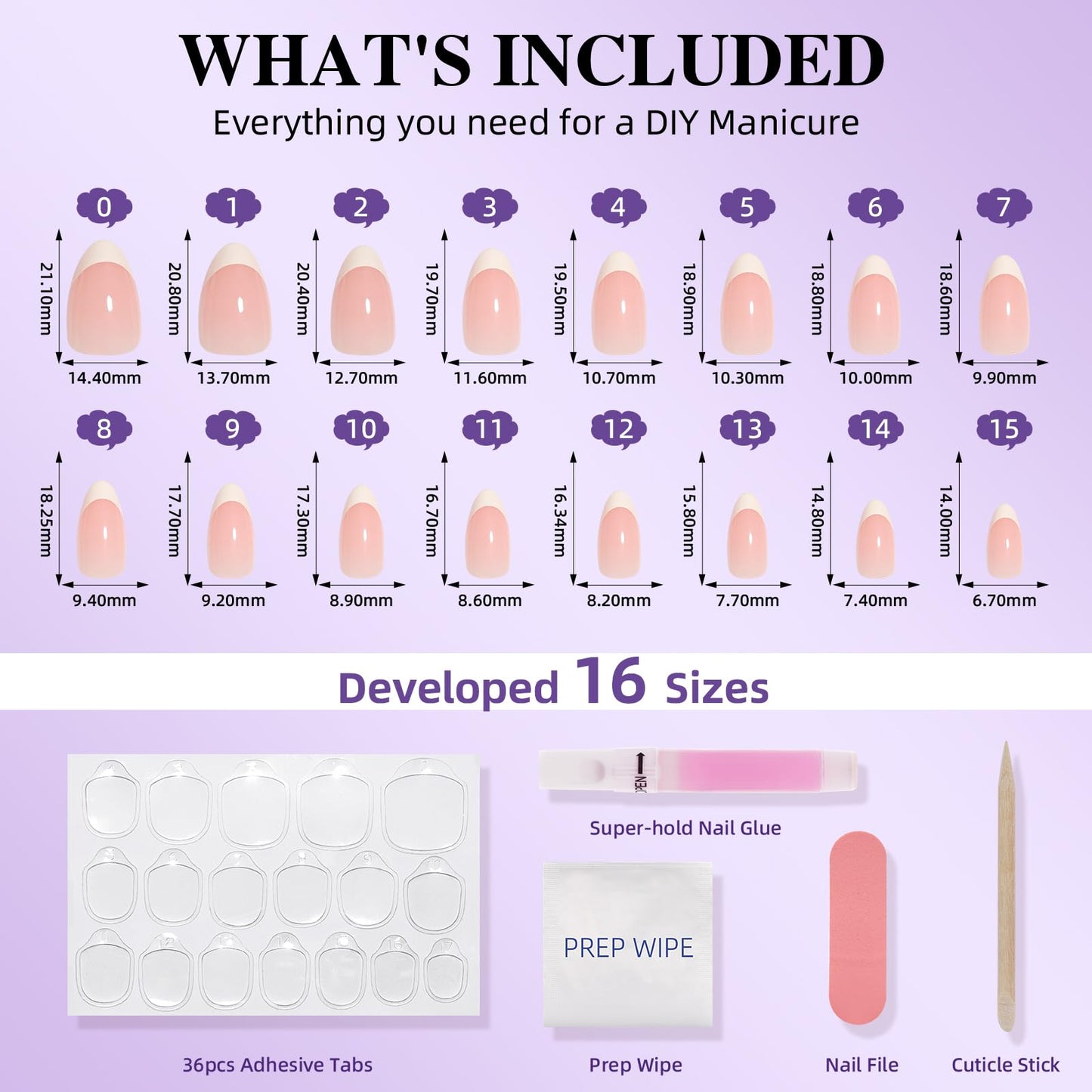 White French Tip Press On Nails - Short Almond Pink and White Press On Nails, 32Pcs 16 Sizes, Reusable Fake Nails with Nail Glue for Women