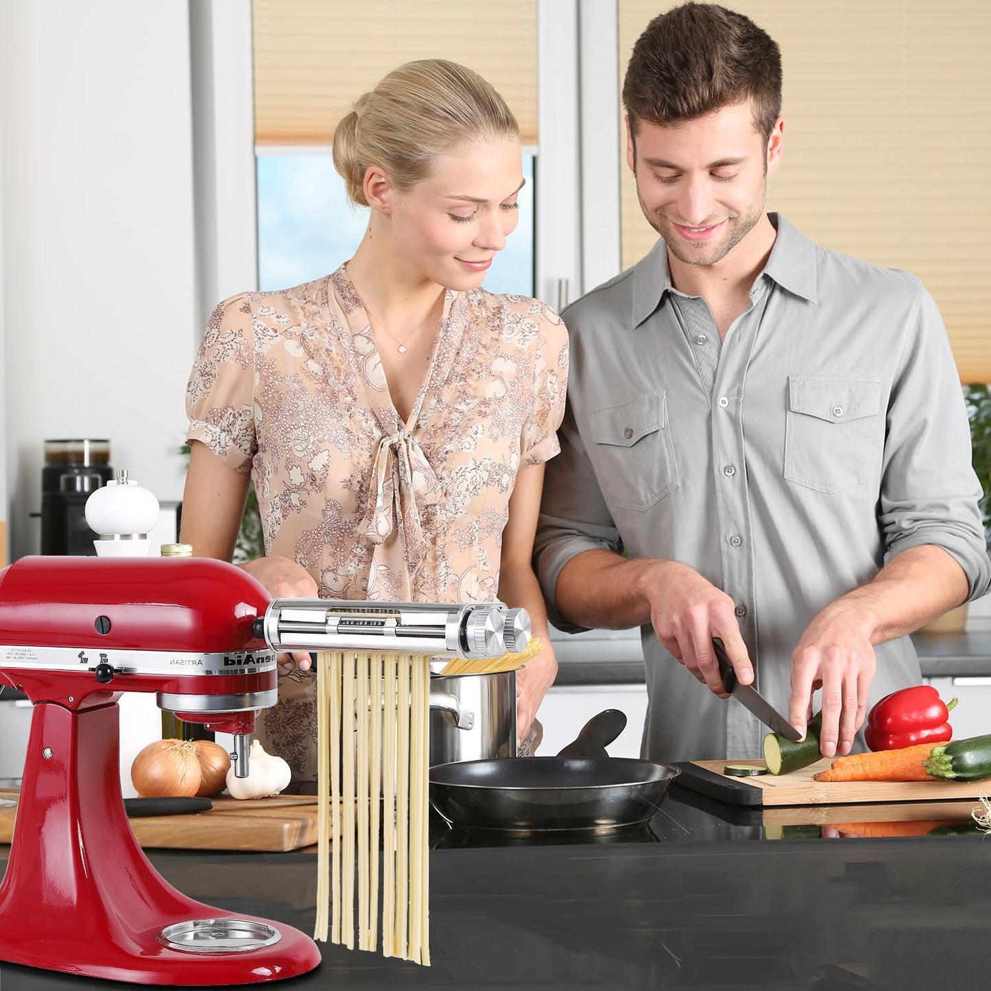 Pasta Maker Attachment for KitchenAid Stand Mixers, 3-in-1 Stainless Steel Pasta Roller & Cutter Set with Spaghetti and Fettuccine Blades, Includes 1 Metal Knob Screw Replacement