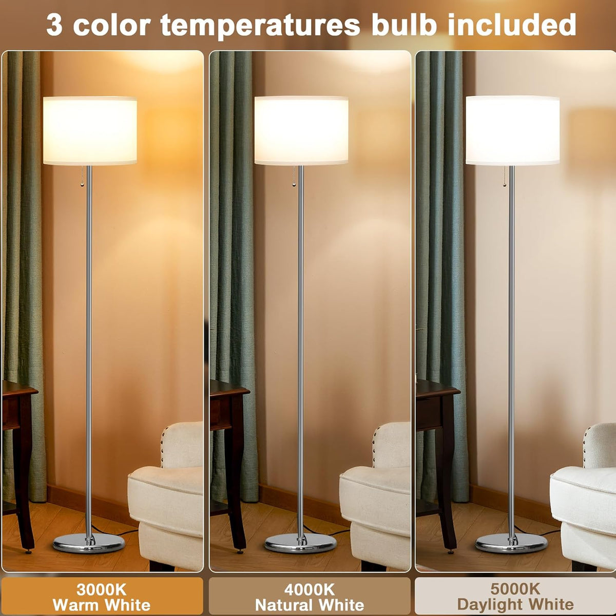 Ambimall Floor Lamps for Living Room with 3 Color Temperatures Bulb & Pull Chain Switch, 60" Modern Standing Floor Lamp for Bedroom Kids Room Study Room(White Shade & Silver Pole)