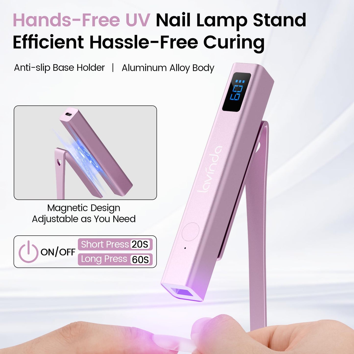 Lavinda Handheld UV Light for Gel Nails with Stand, Mini Nail Lamp with LCD Display, Portable Cordless Rechargeable UV Led Nail Lamp Nail Dryer for Fast Curing Gel Polish for Home DIY Manicure
