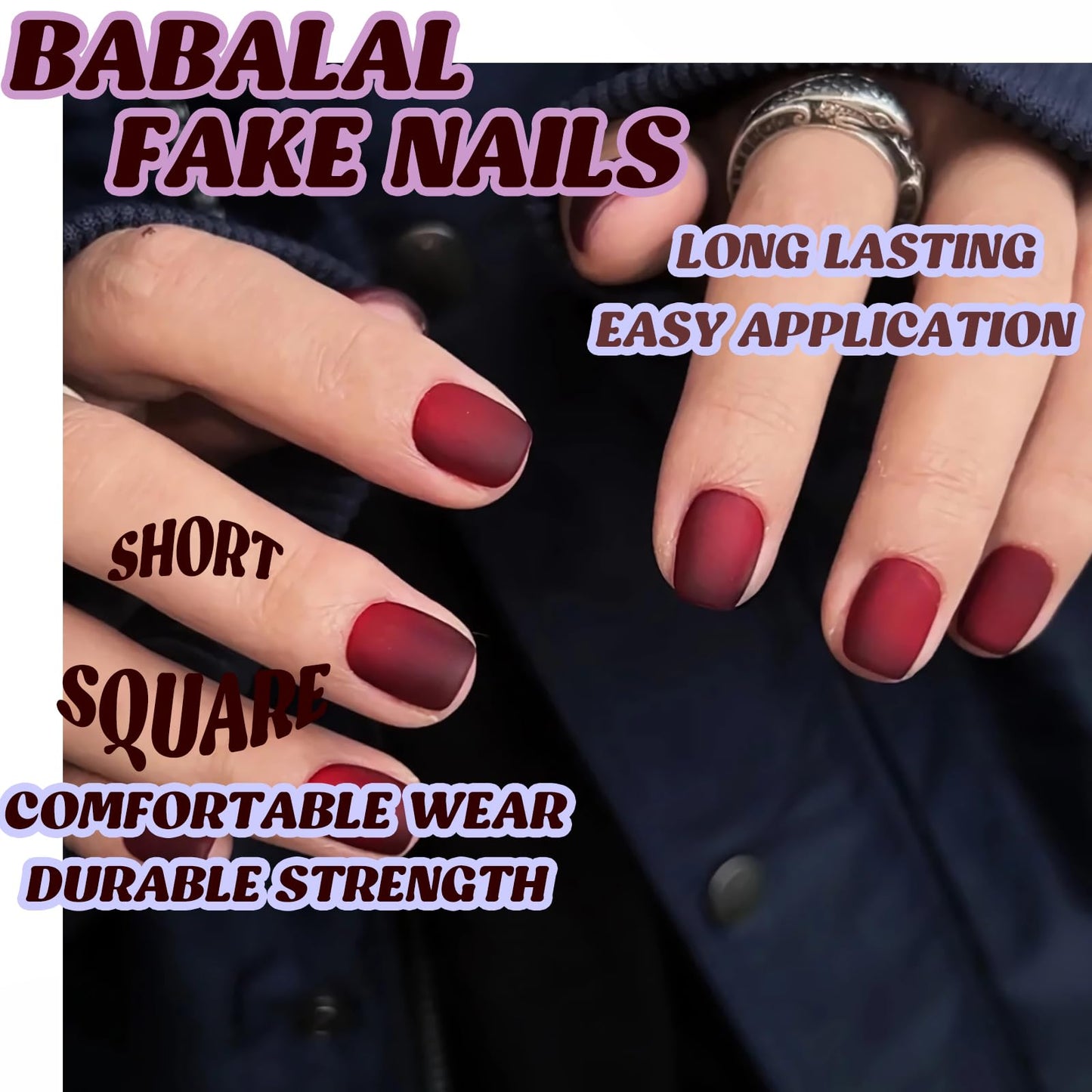 BABALAL Press on Nails Short Square Fake Nails Black Red Glue on Nails Gothic Acrylic Nails Matte False Nails Art Design 24pcs Squoval Manicure Full Cover Artificial Nails for Women Girls