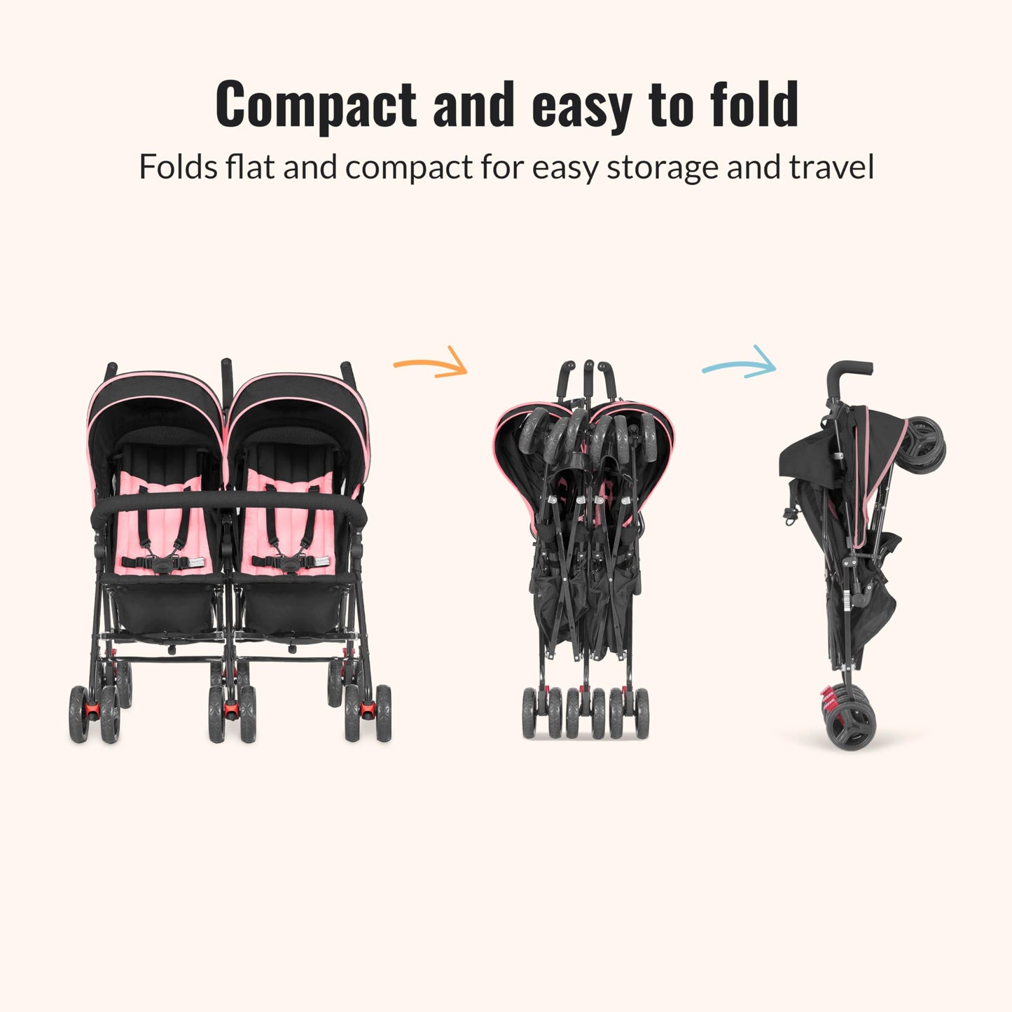 Dream On Me Volgo Twin Baby Stroller, Lightweight Side-by-Side Double Umbrella Stroller with Adjustable Canopy, 5-Point Harness, Storage Basket & Travel-Friendly Fold – Pink