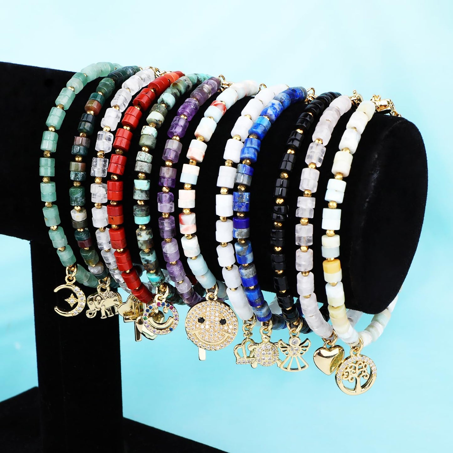 Natural Gemstone Healing Crystal Aventurine Dainty Charms Star and Moon Bracelet Adjustable Chain Extender Minimalist Jewelry