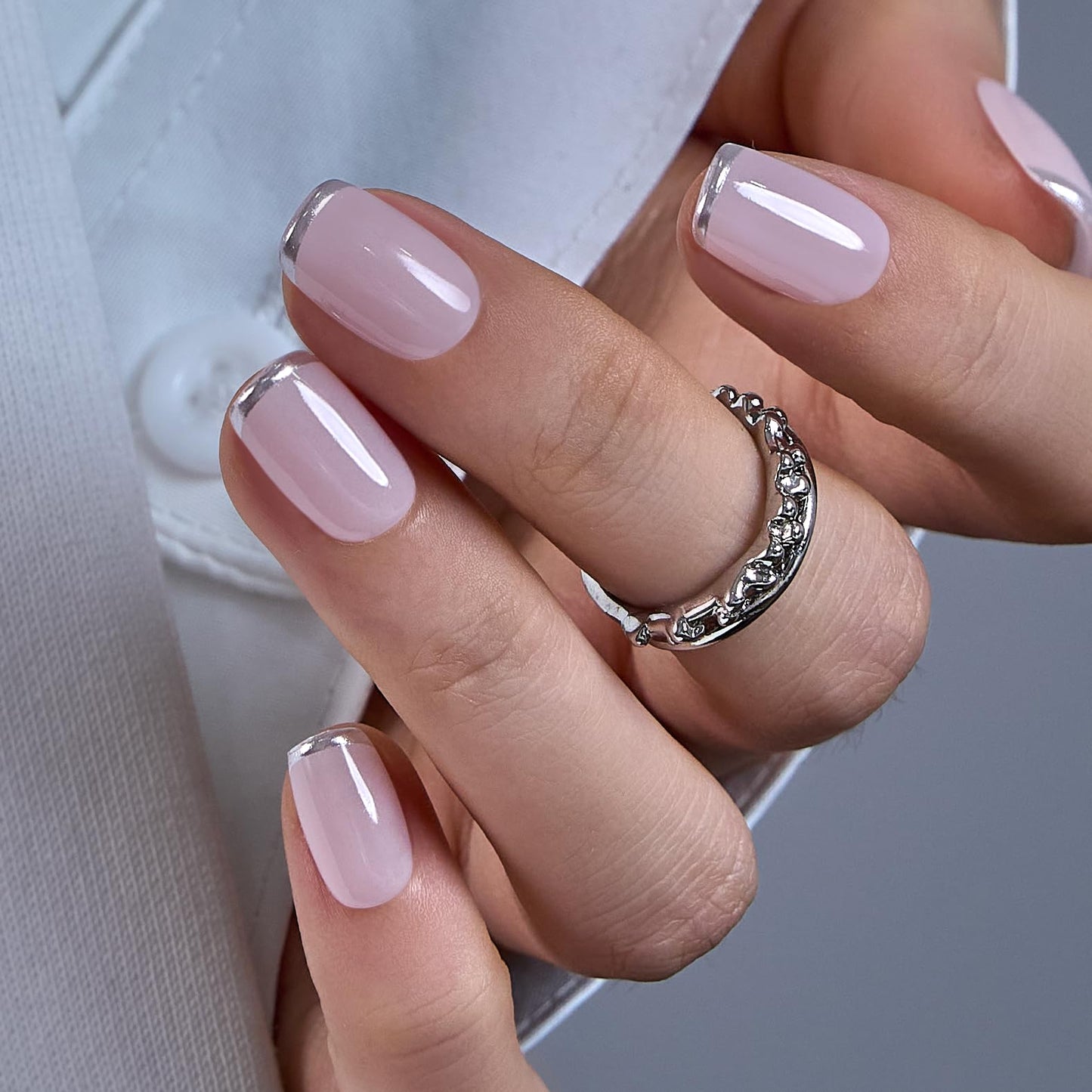 Curvlife Press on Nails Acrylic Fake Nails with Design Full Cover False Nails for Women Reusable Nail Kit with Nail Glue Adhesive Tabs Nail File (Ivory silvery white, Medium)