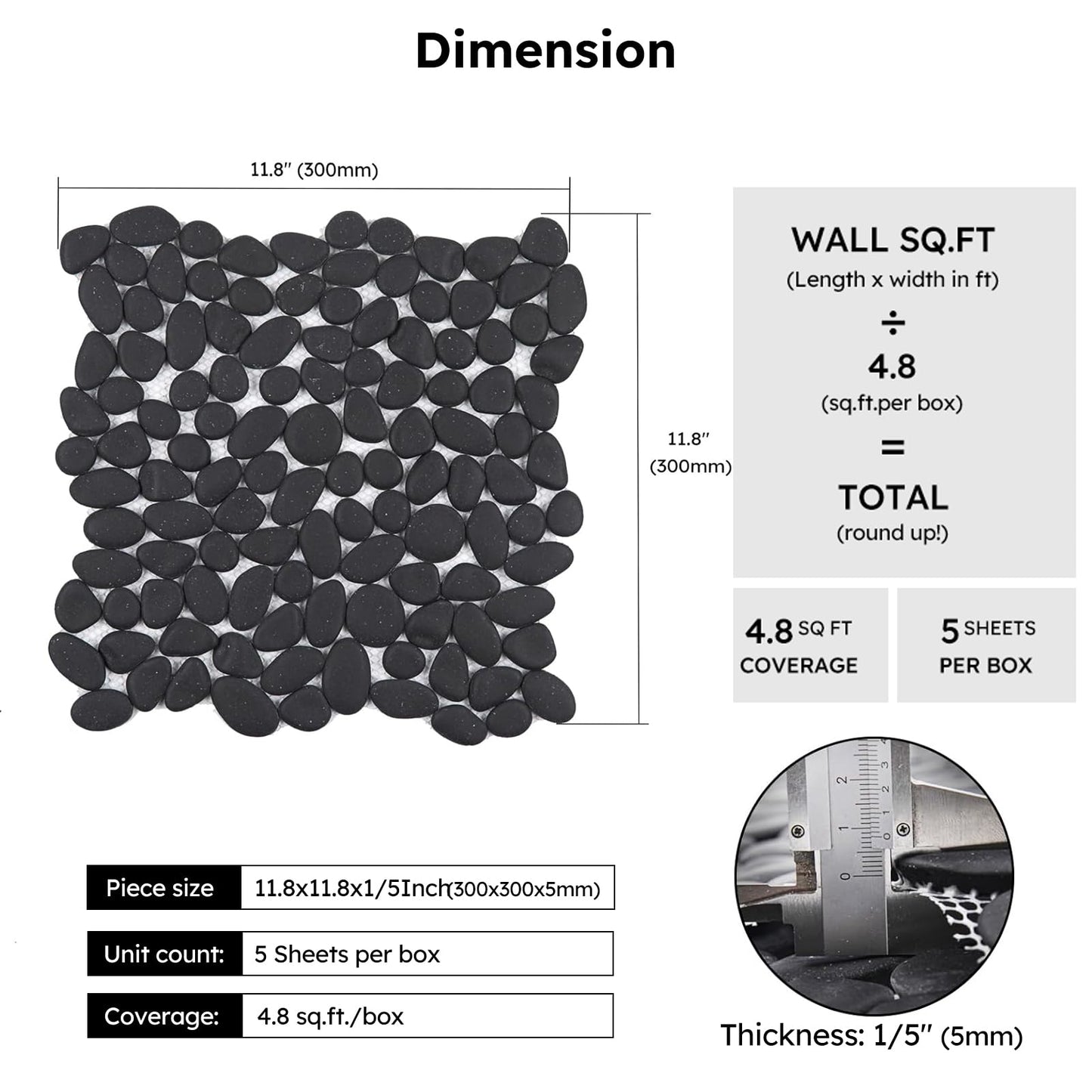 Diflart Pebble Tile for Shower Floor, Black Oval, 5 Sheets, Pebble Mosiac Backsplash for Kitchen Bathroom Wall and Floor Tile